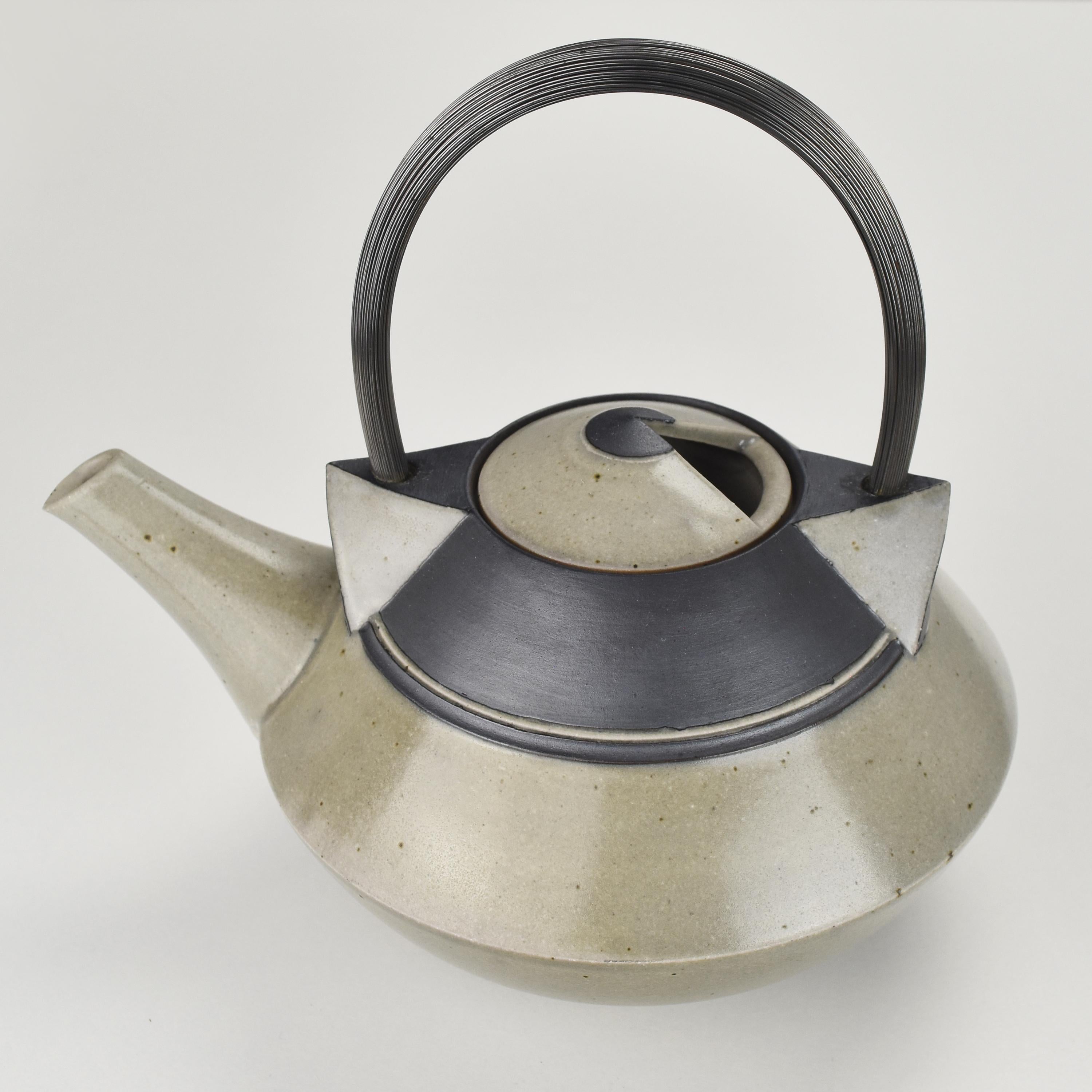 Ceramic Vintage Handmade Cubist Studio Pottery Stoneware Tea Pot W. Inox Handle Artist? For Sale
