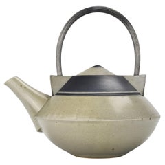 Vintage Handmade Cubist Studio Pottery Stoneware Tea Pot W. Inox Handle Artist?
