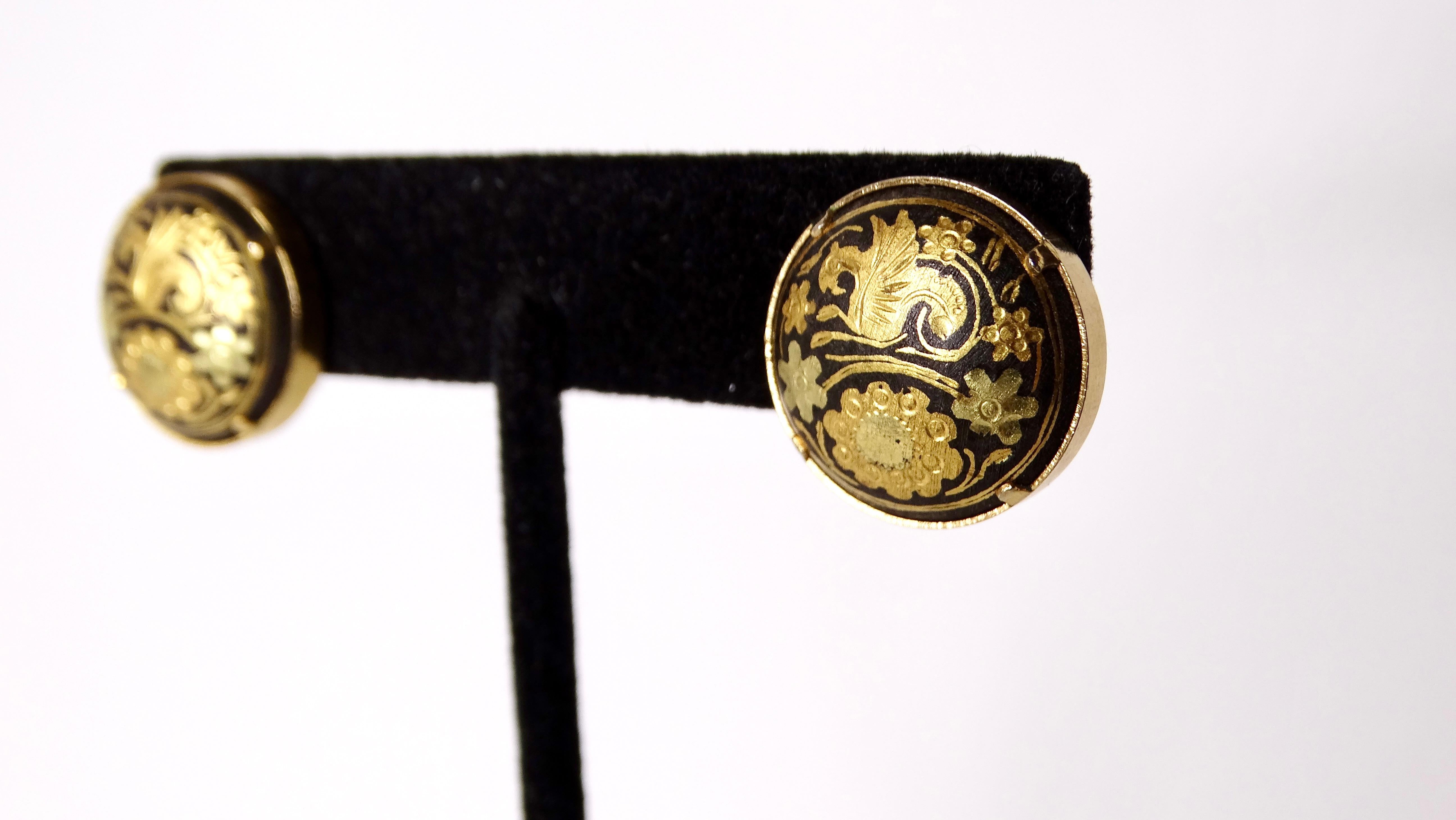 Women's Vintage Handmade Damascene Spain 18k Gold Plated Clip-On Earrings For Sale
