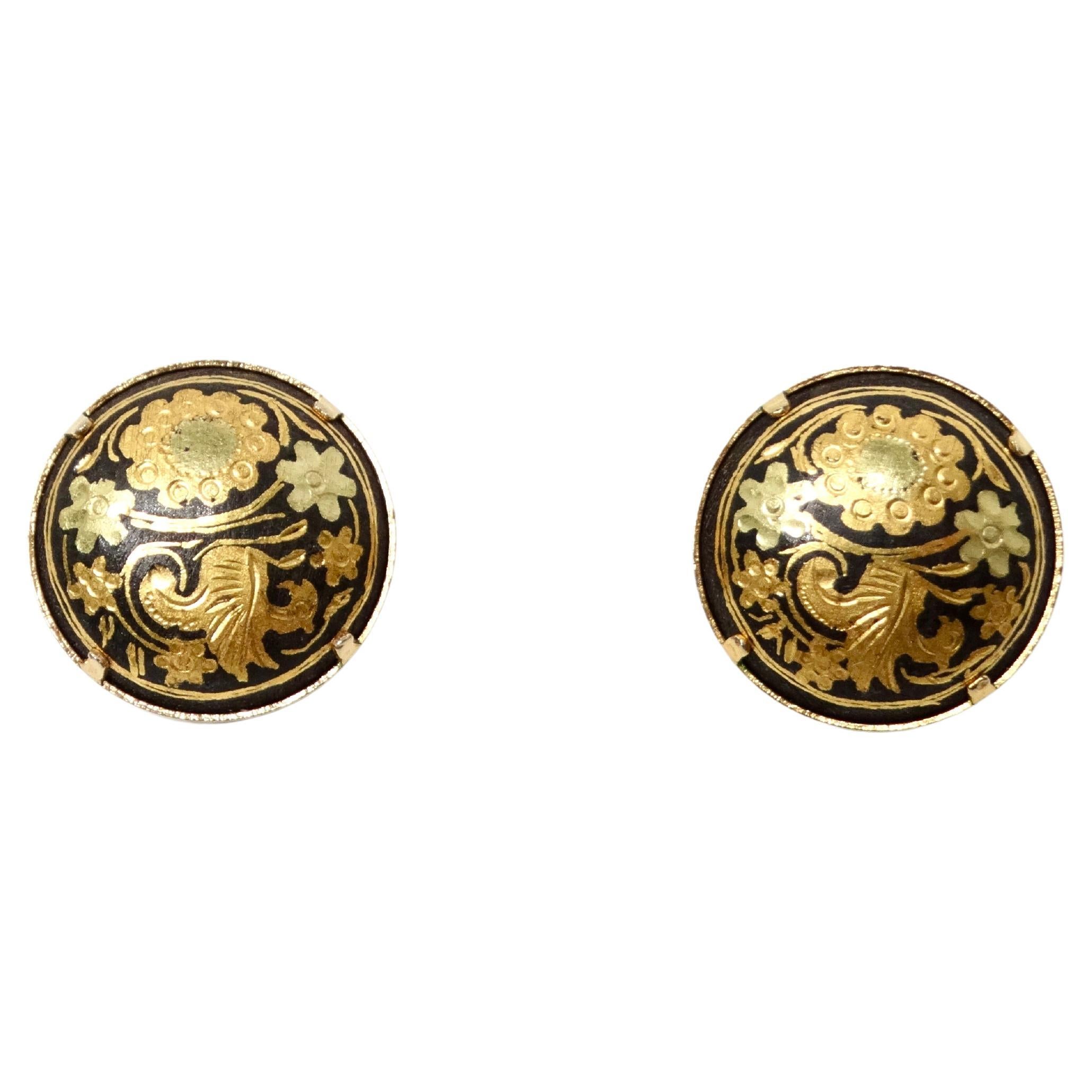 Vintage Handmade Damascene Spain 18k Gold Plated Clip-On Earrings