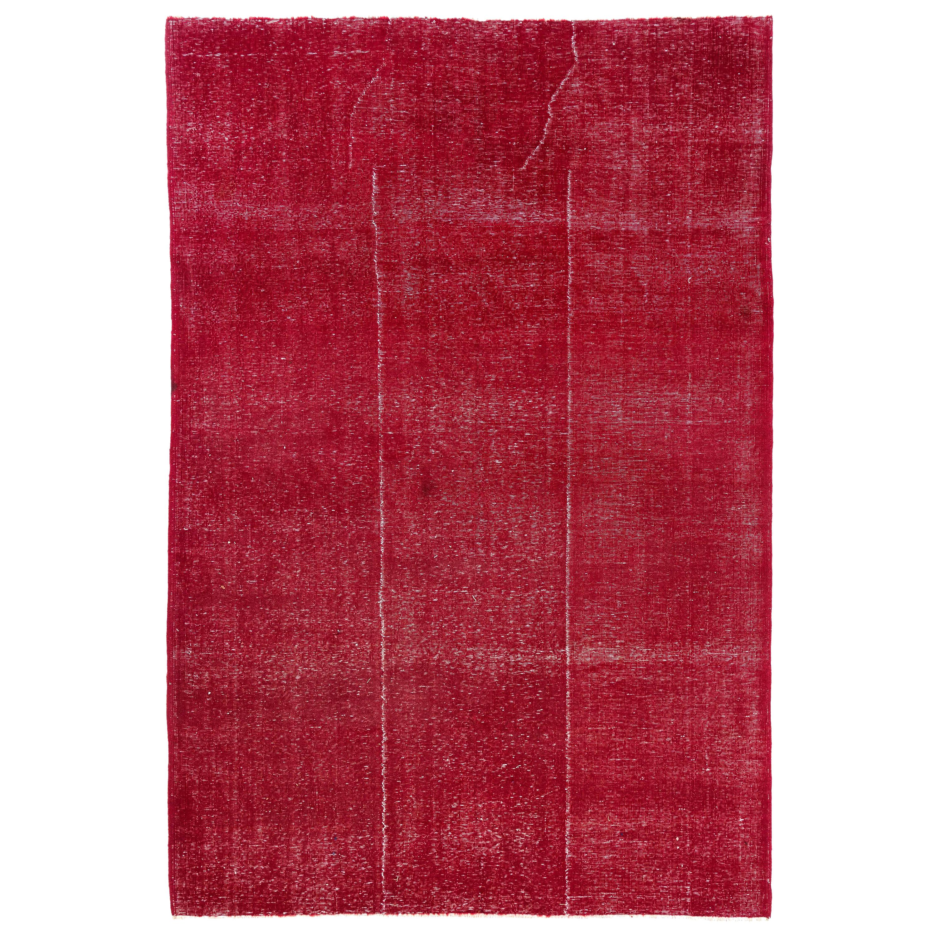 6.7x10 Ft Plain Vintage Handmade Rug Overdyed in Red for Modern Interiors For Sale