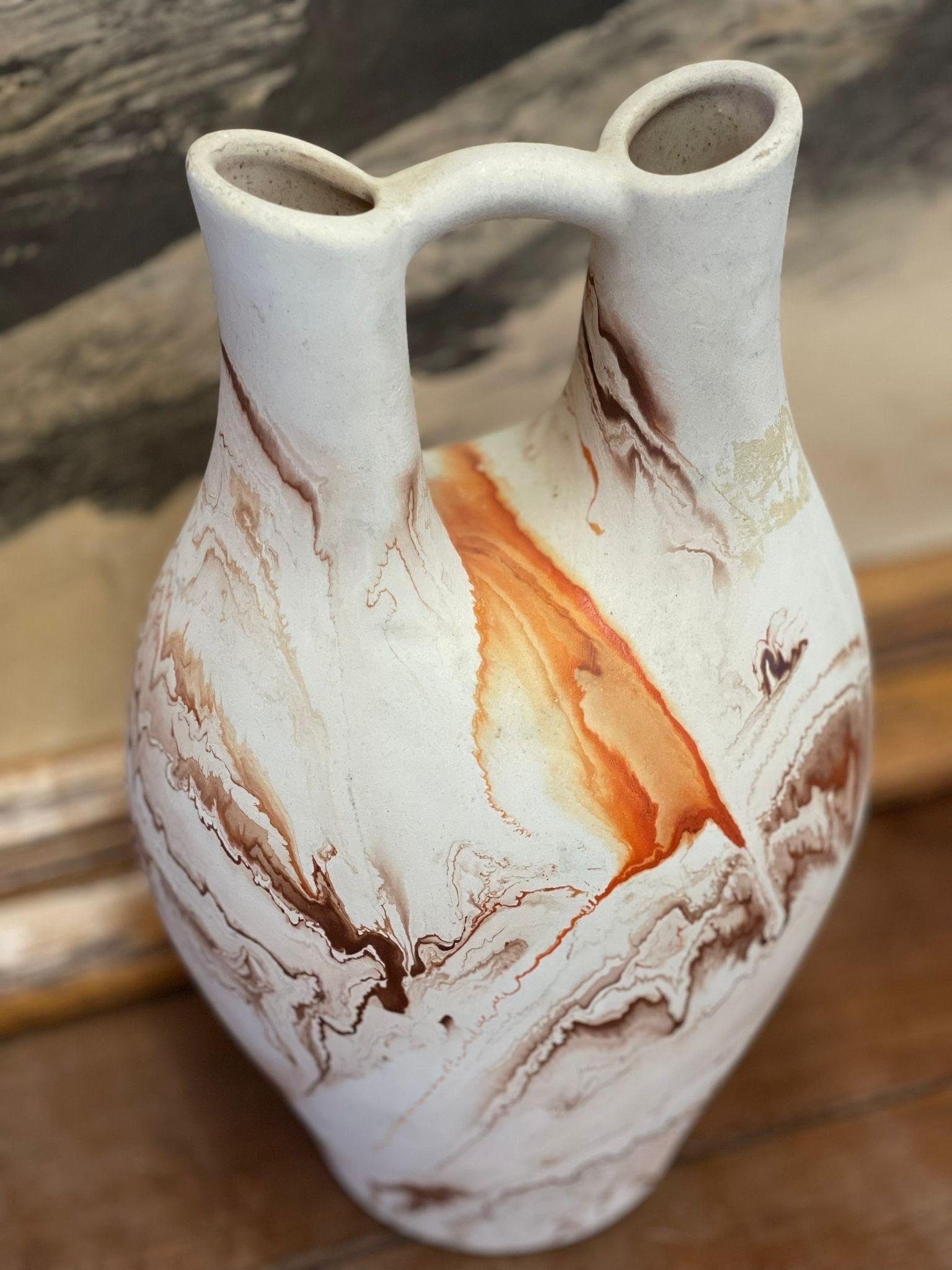 Vintage Handmade Double Spout Nemadji Vase Minnesota Multicolored Ceramic Vase In Good Condition For Sale In Seattle, WA