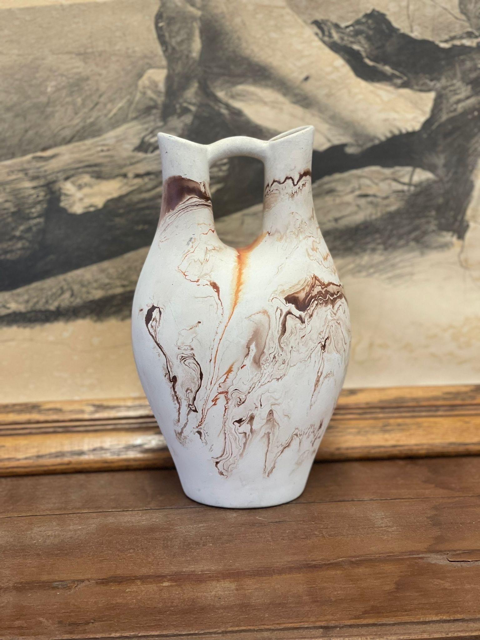 Vintage Handmade Double Spout Nemadji Vase Minnesota Multicolored Ceramic Vase For Sale 2