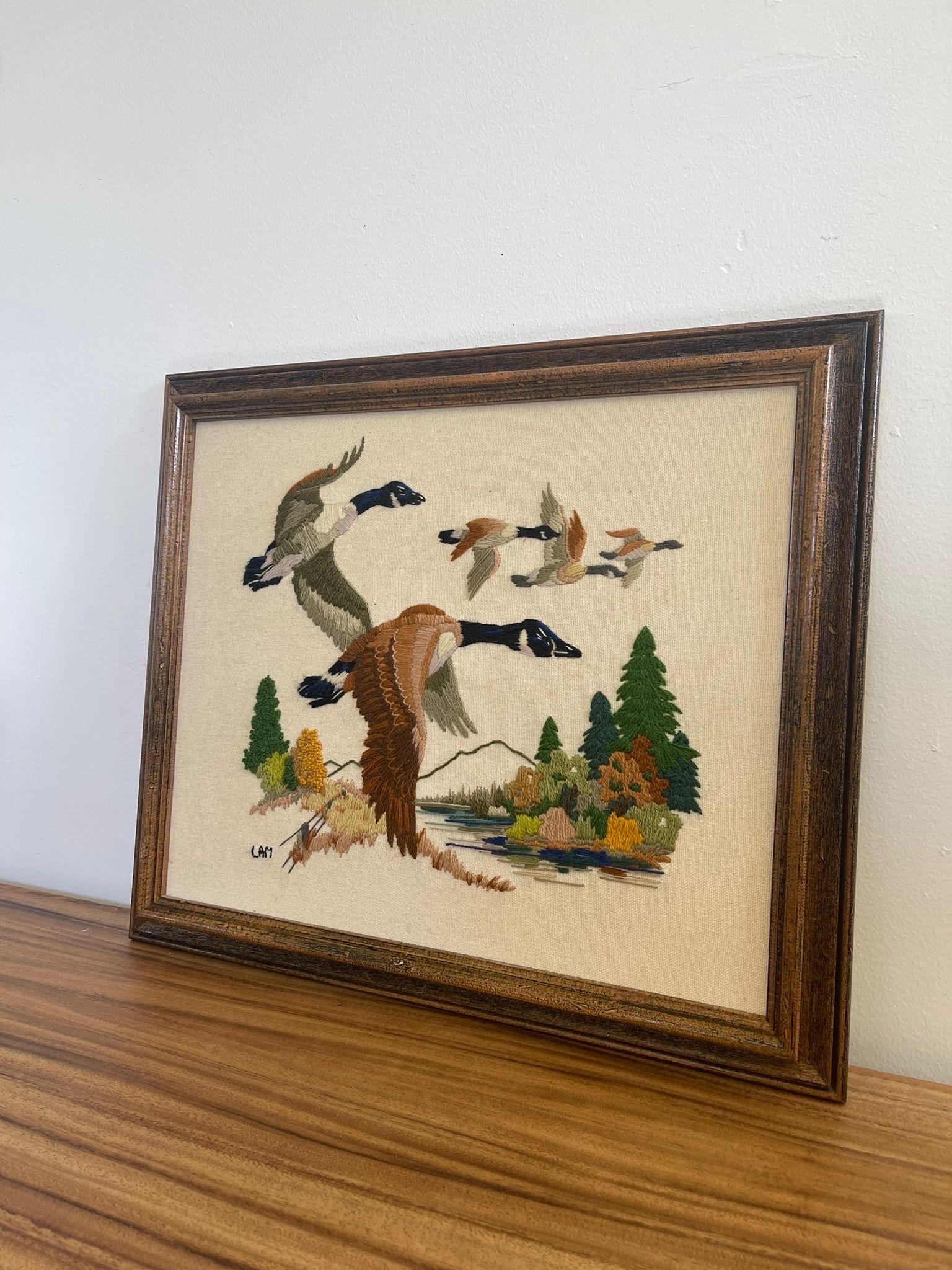 Mid-Century Modern Vintage Handmade Geese Needlepoint Embroidery Artwork Within Wood Frame.