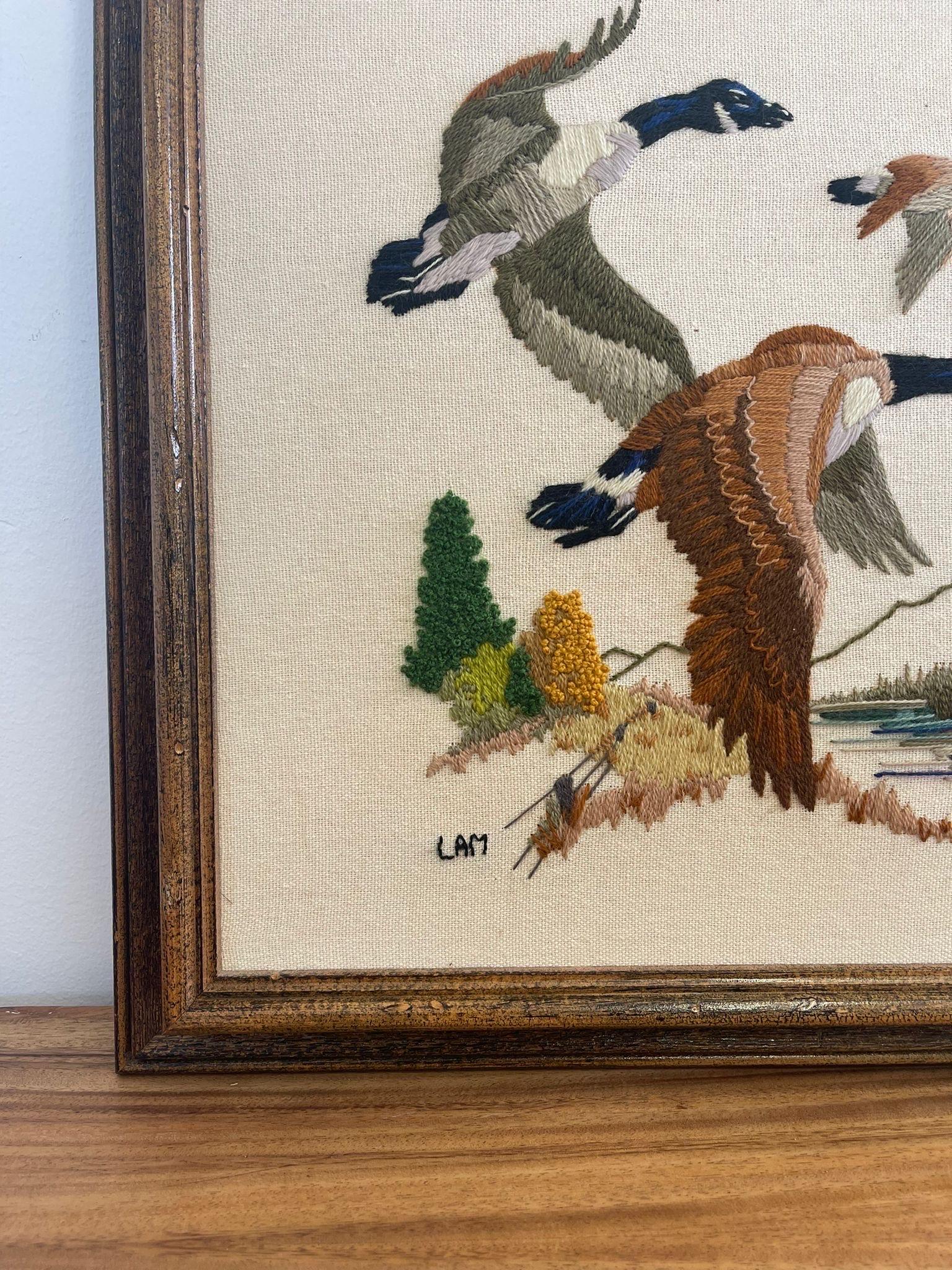 Vintage Handmade Geese Needlepoint Embroidery Artwork Within Wood Frame. In Good Condition In Seattle, WA