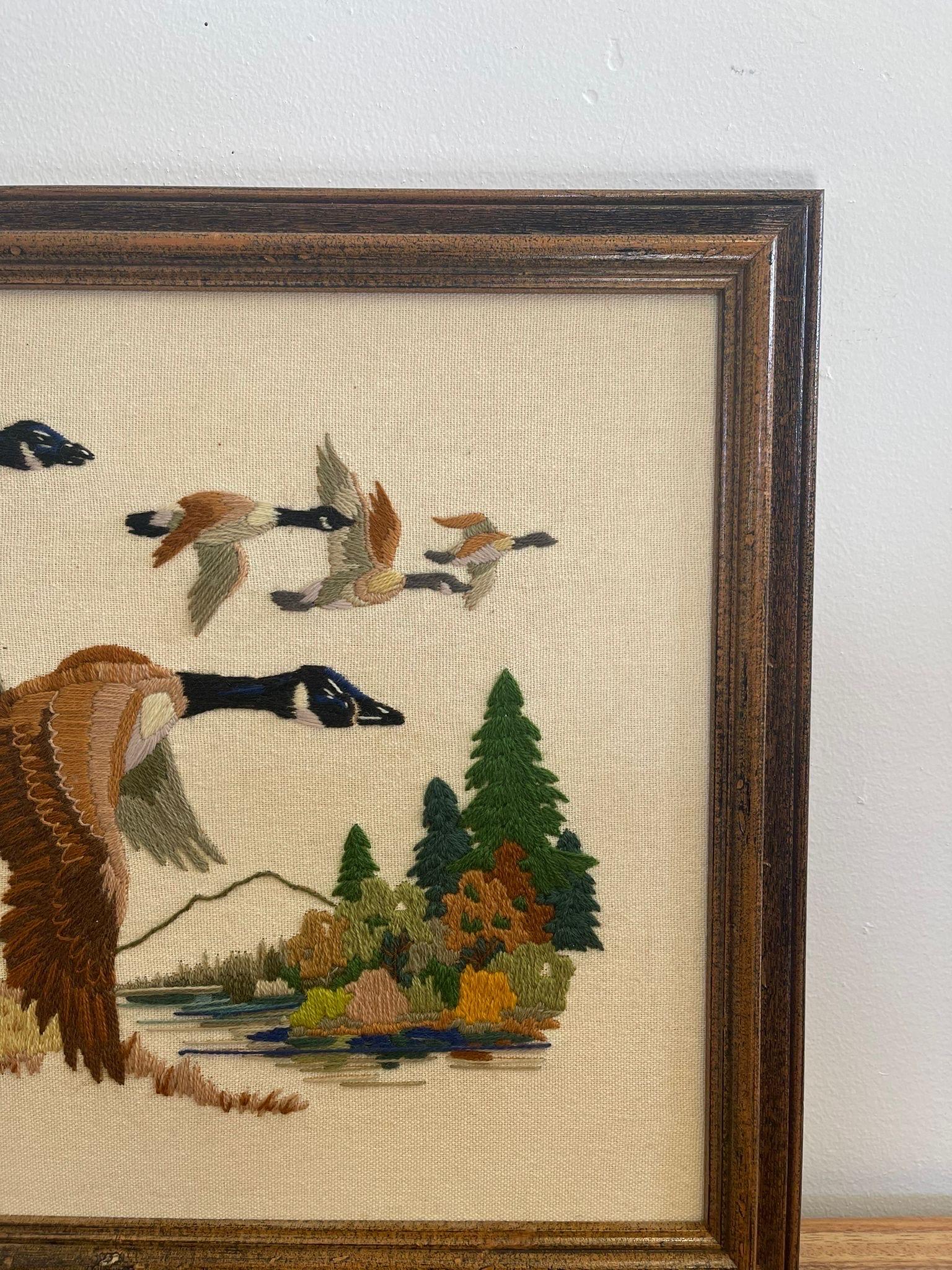 Late 20th Century Vintage Handmade Geese Needlepoint Embroidery Artwork Within Wood Frame.