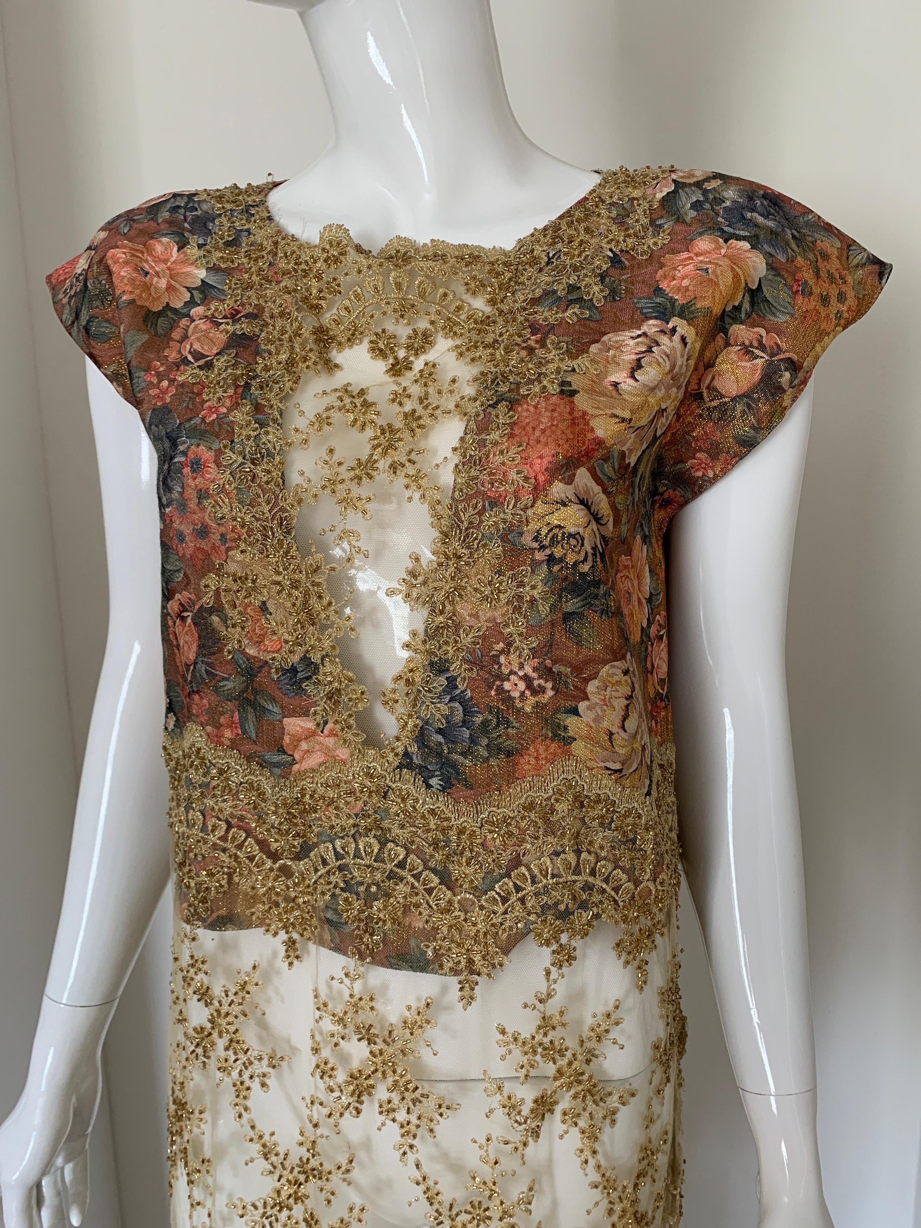 Vintage Handmade Gold Applique and Floral Gown 
A very special piece! Comes with matching handmade headband. 
Sheer on bottom and V neck middle part. Size not marked - size US M 
Slips easily overhead. 
One of a kind piece 