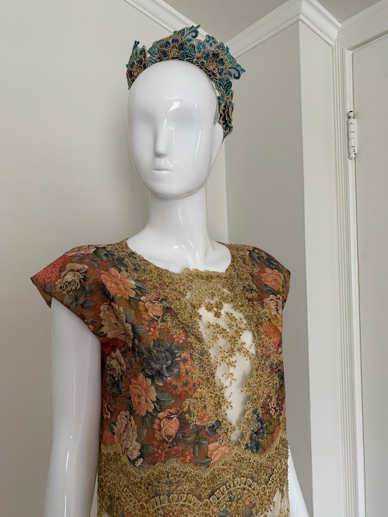 Vintage Handmade Gold Applique and Floral Gown For Sale at 1stdibs