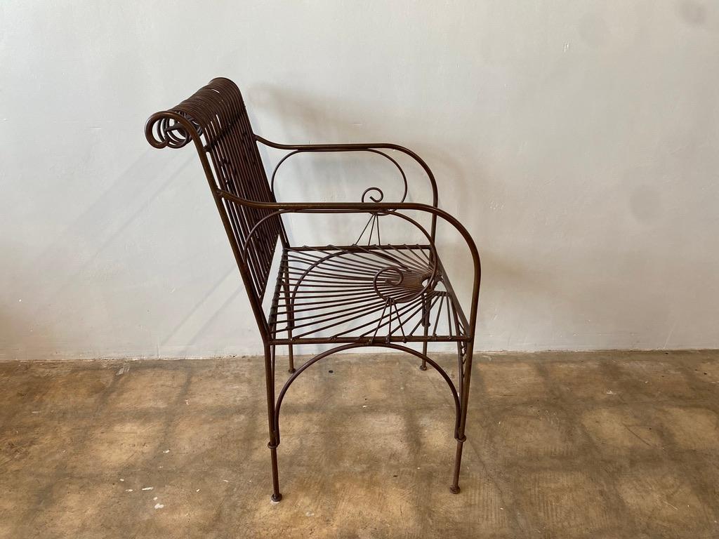 Vintage gothic steel wirework garden / outdoor armchair. Handmade and one-of-a-kind element for any outdoor space. Needs cushion. In excellent vintage condition as pictured. 

Dimensions: 20in W x 20in D x 35in H 
Seat height: 17.5in