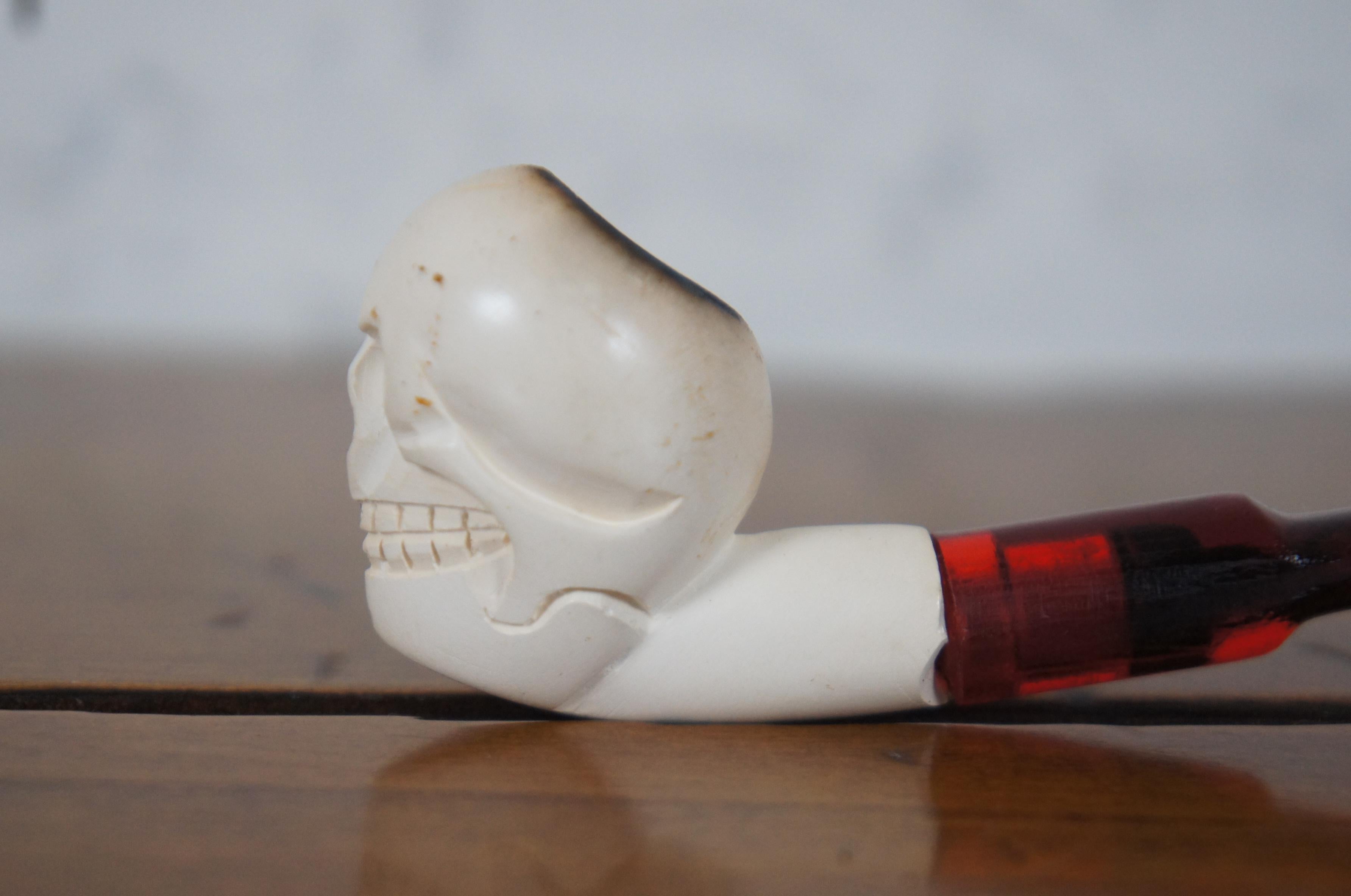 Vintage Handmade Grinning Skull Meerschaum Smoking Pipe Red Stem Skeleton 1
