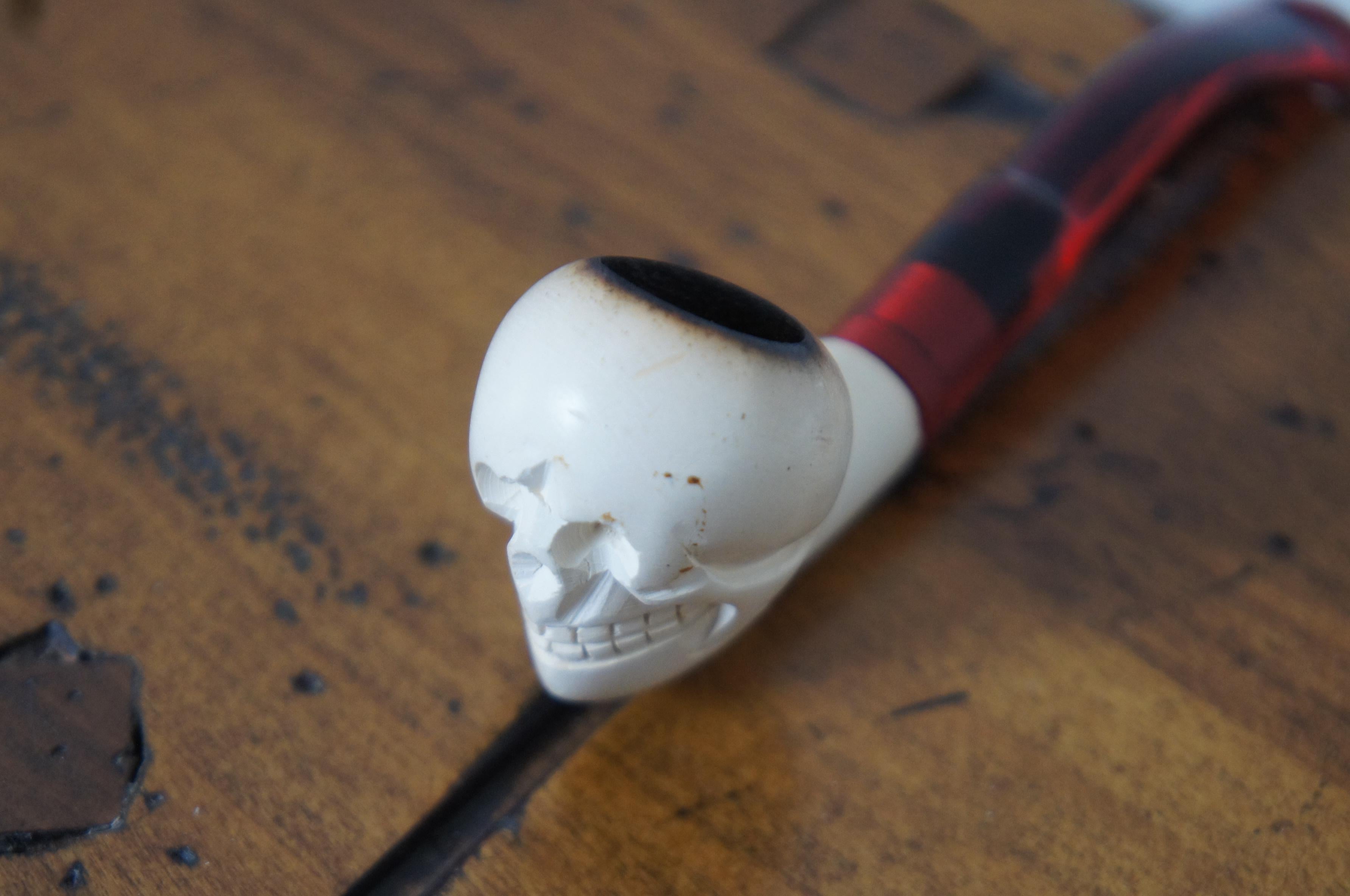Vintage Handmade Grinning Skull Meerschaum Smoking Pipe Red Stem Skeleton 3