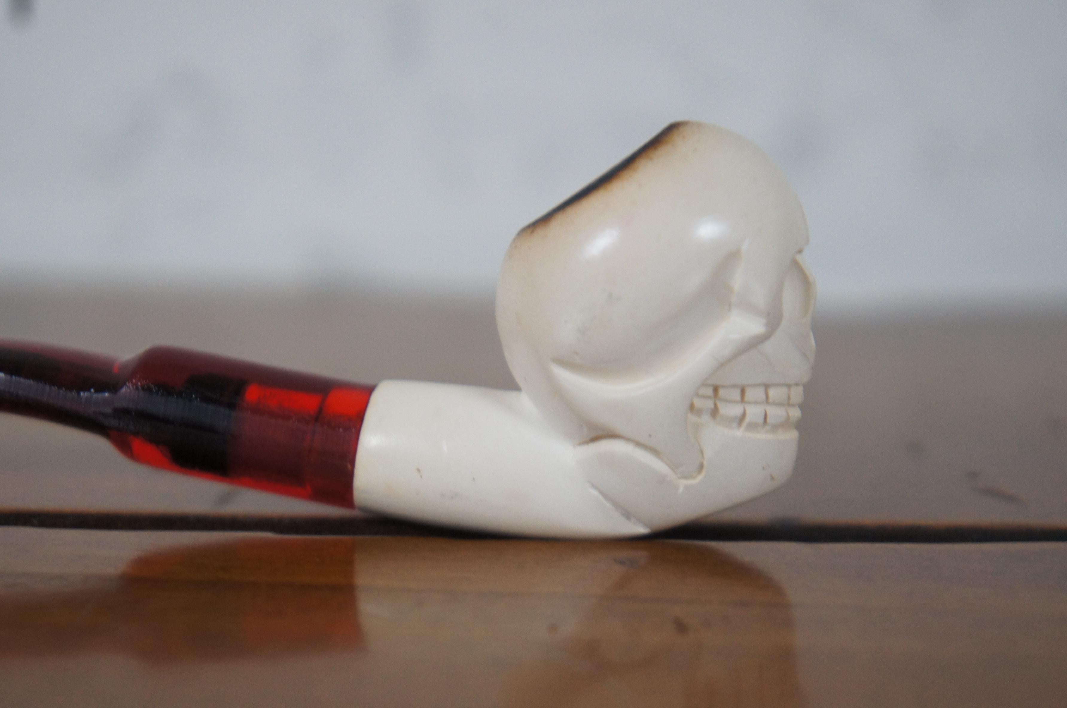 Ceramic Vintage Handmade Grinning Skull Meerschaum Smoking Pipe Red Stem Skeleton