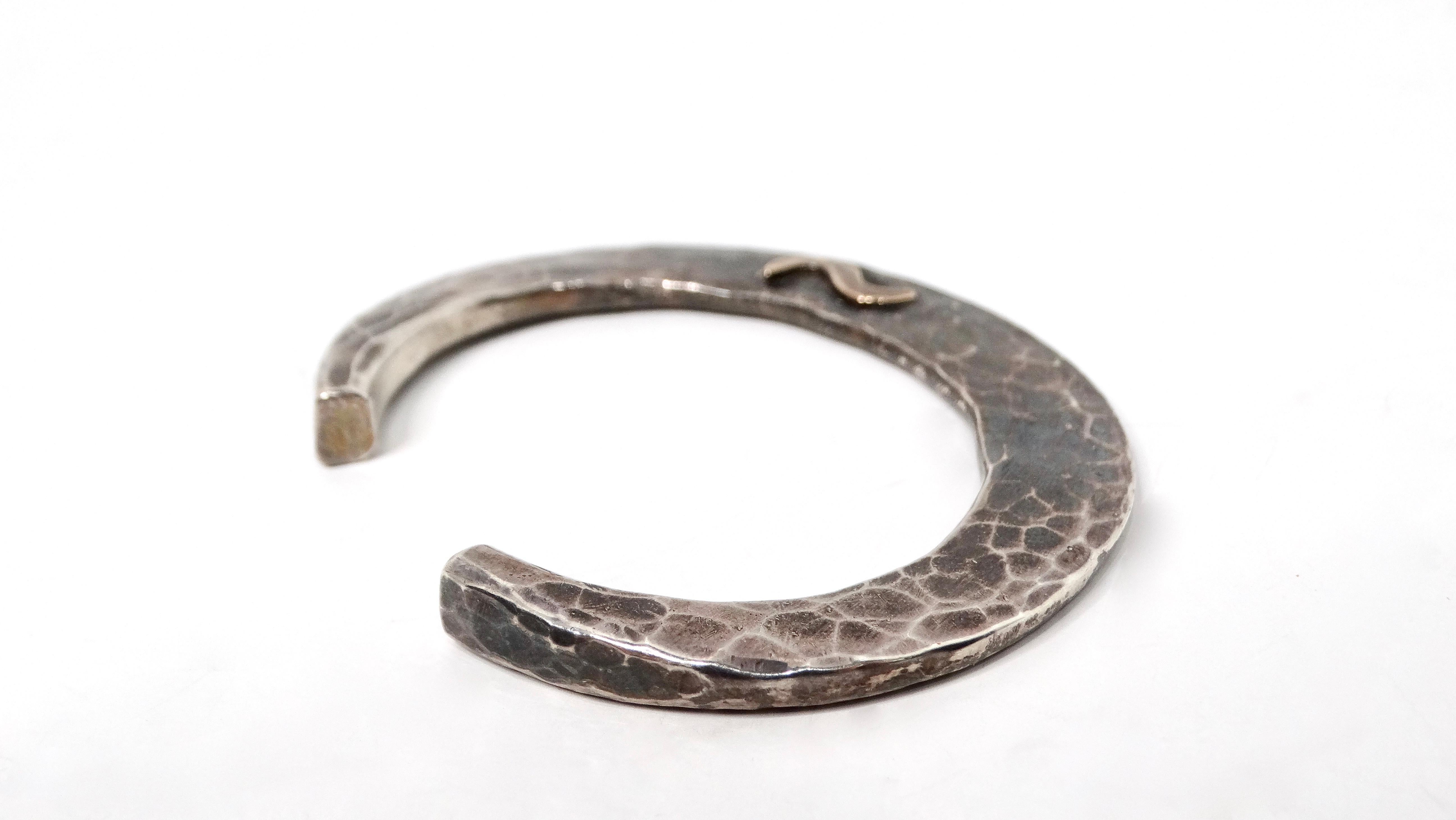 Vintage Handmade Hammered Sterling Silver & 14k Gold Cuff In Good Condition For Sale In Scottsdale, AZ