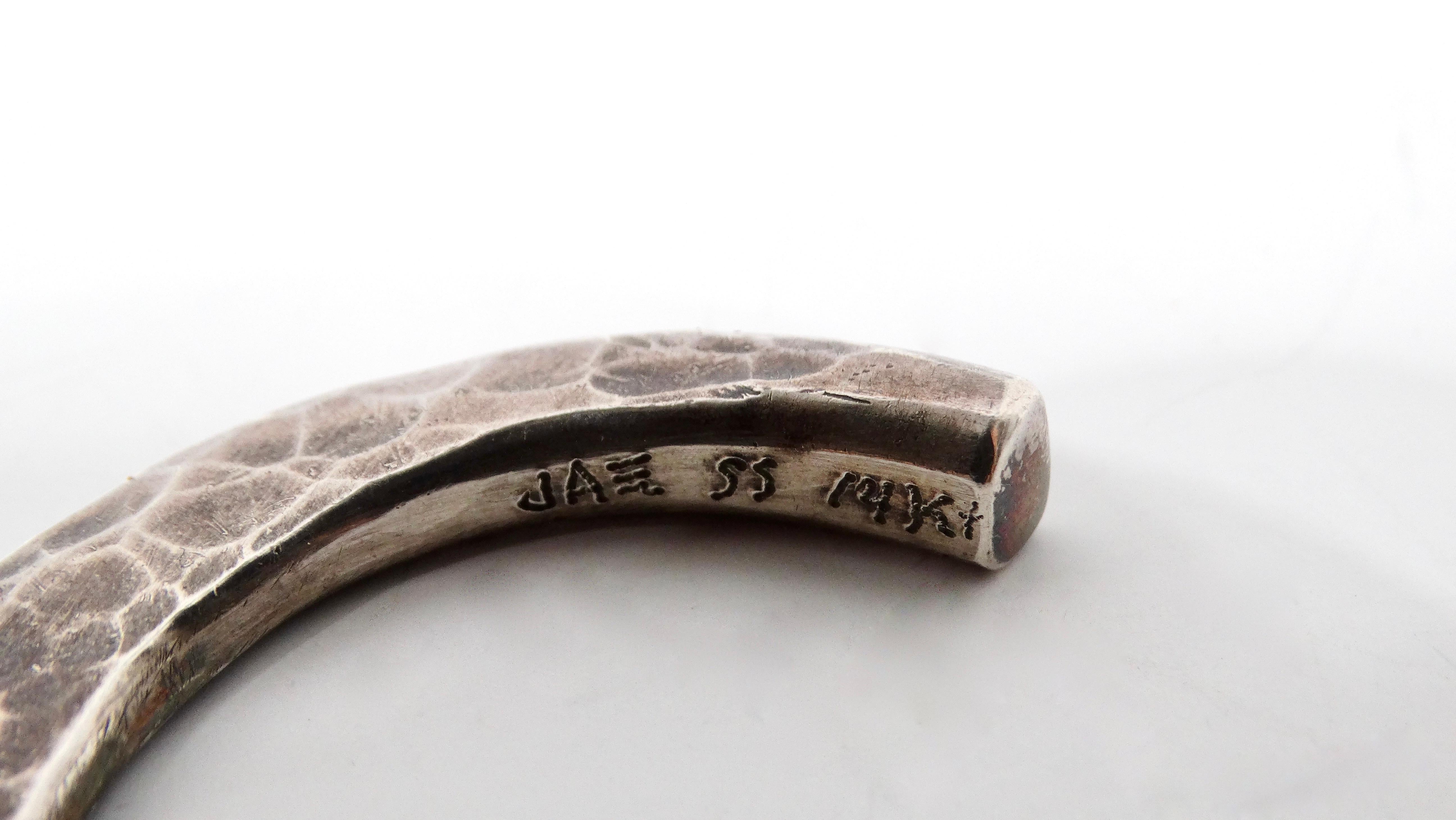 Vintage Handmade Hammered Sterling Silver & 14k Gold Cuff For Sale 1