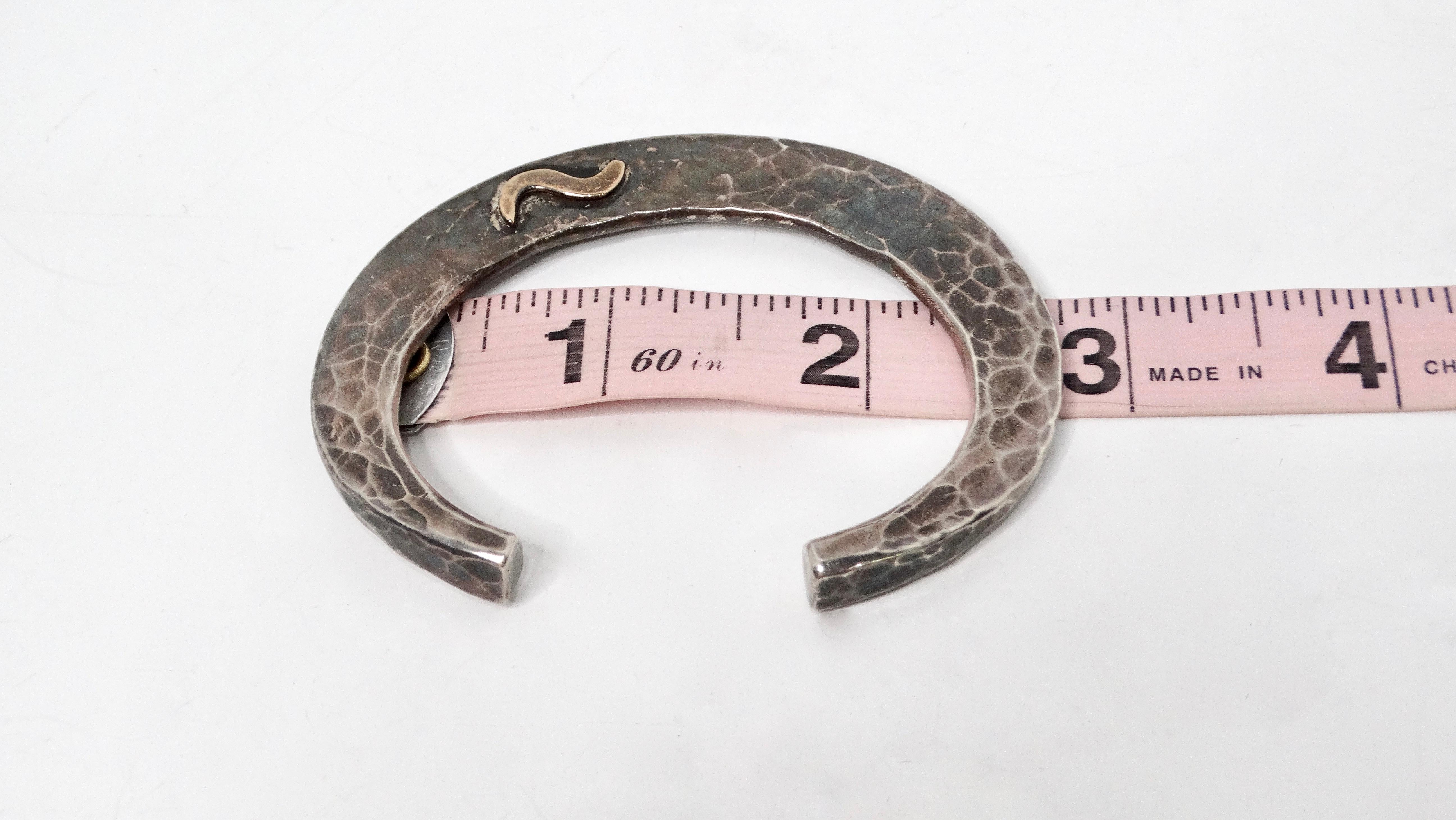 Vintage Handmade Hammered Sterling Silver & 14k Gold Cuff For Sale 2