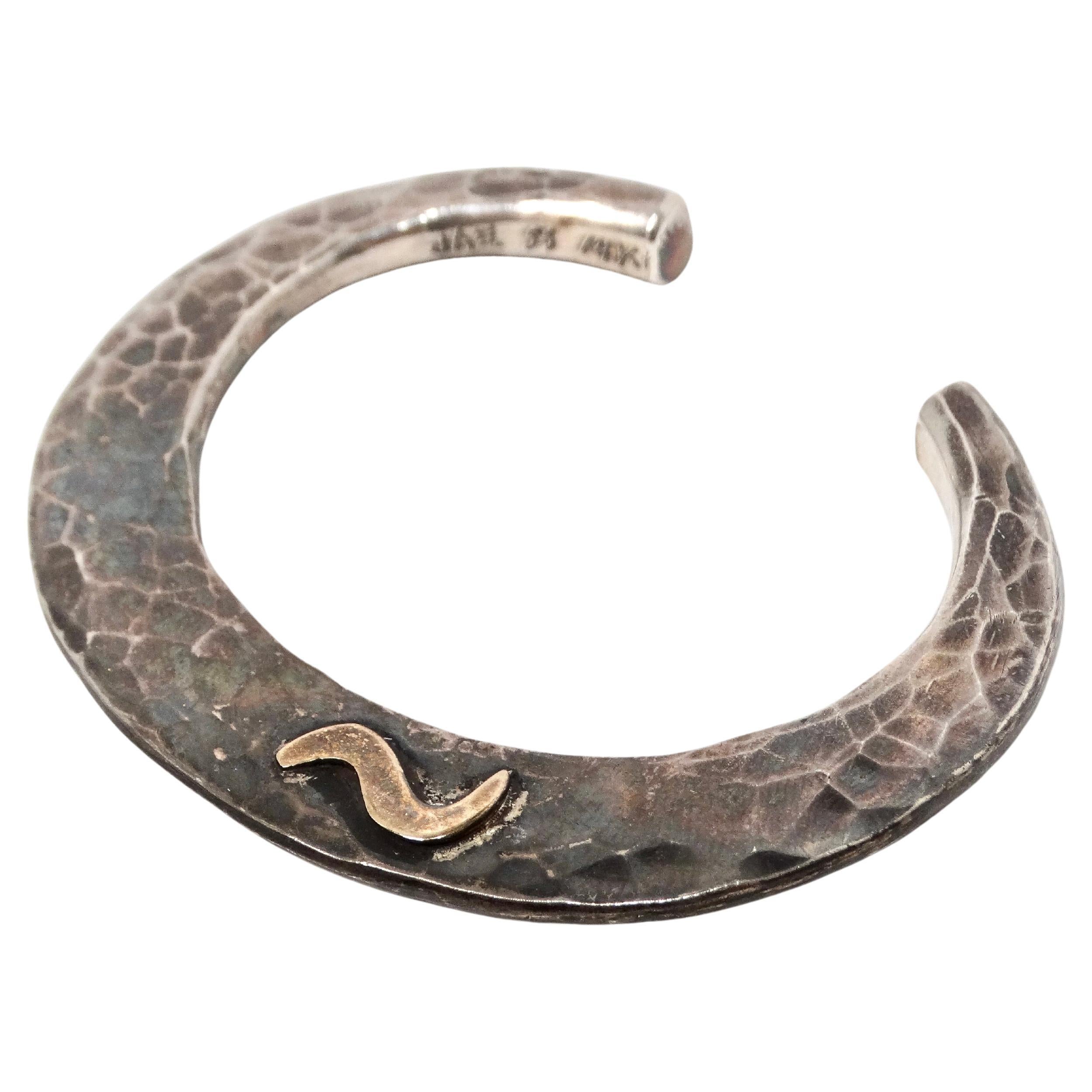 Vintage Handmade Hammered Sterling Silver & 14k Gold Cuff