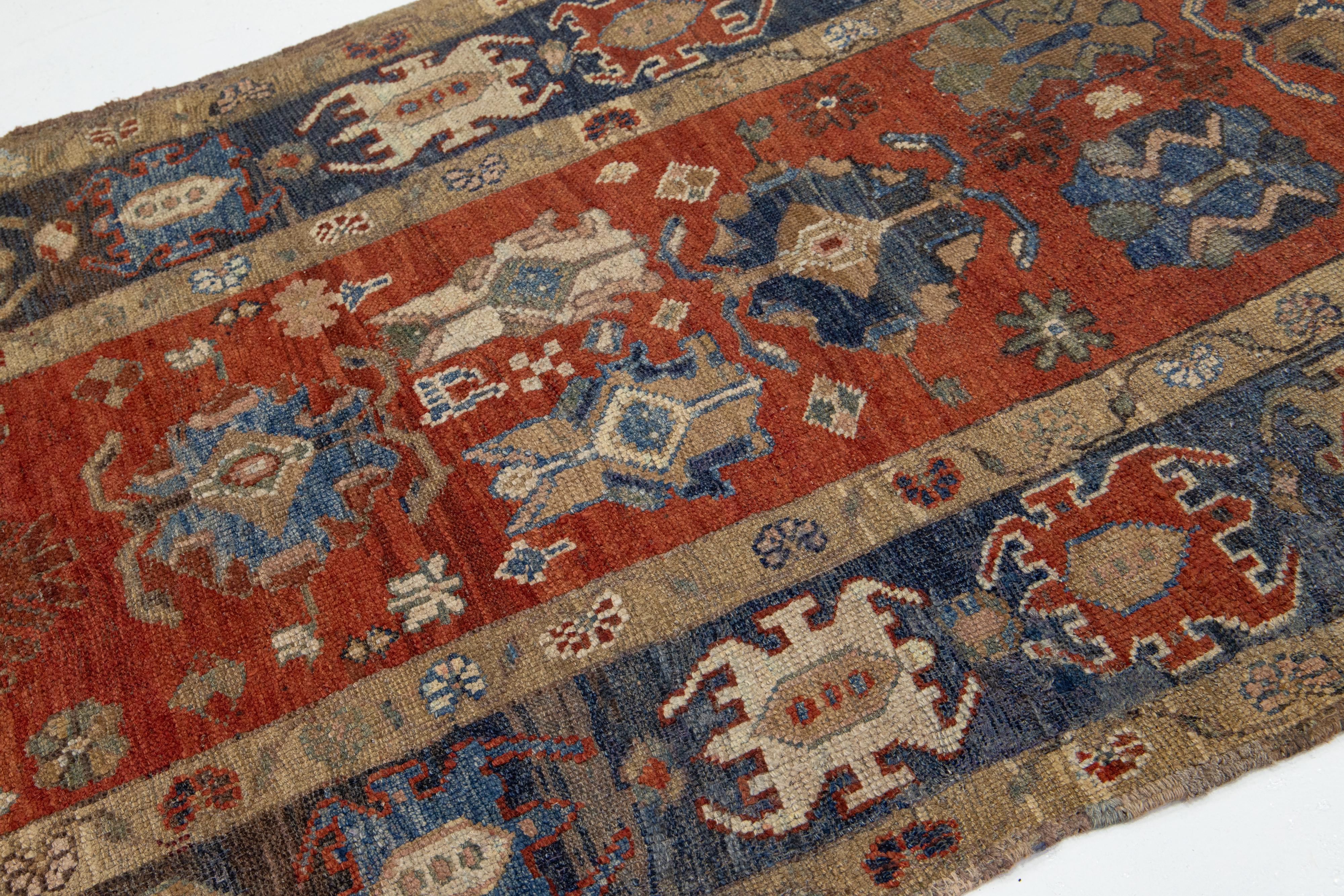 Vintage Handmade Heriz Rust Wool Runner with Floral Motif For Sale 4