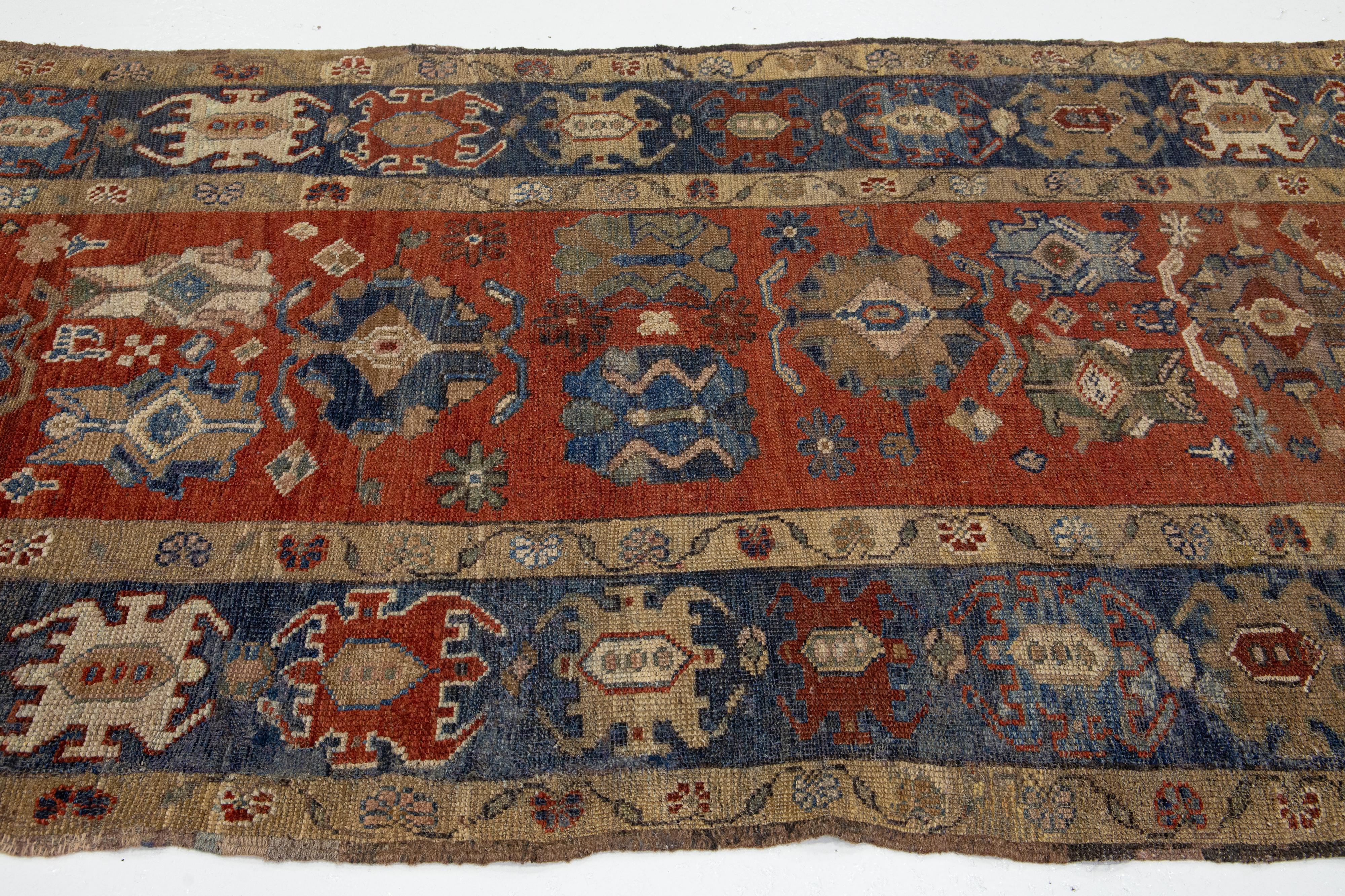 Vintage Handmade Heriz Rust Wool Runner with Floral Motif For Sale 5
