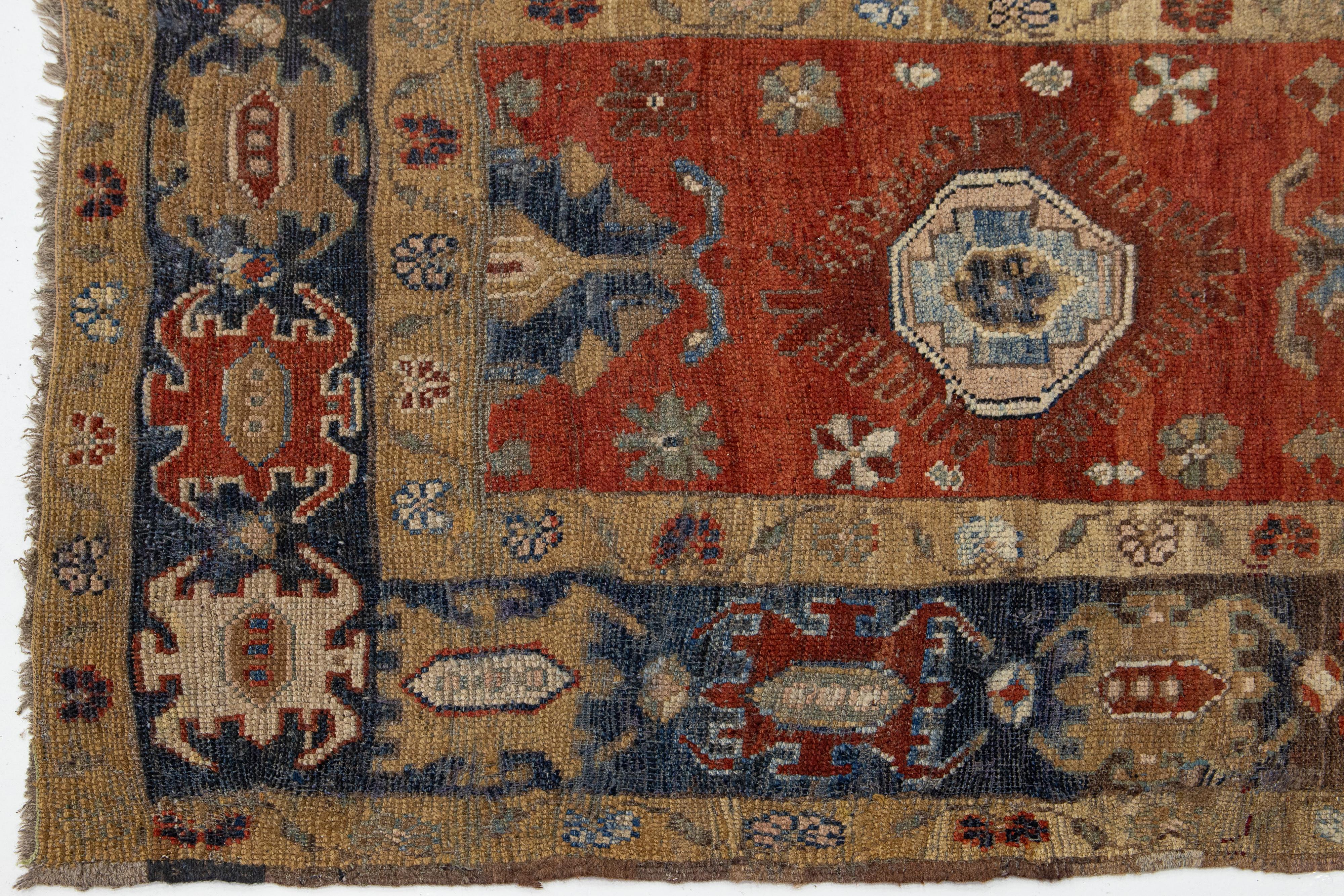 Vintage Handmade Heriz Rust Wool Runner with Floral Motif For Sale 6