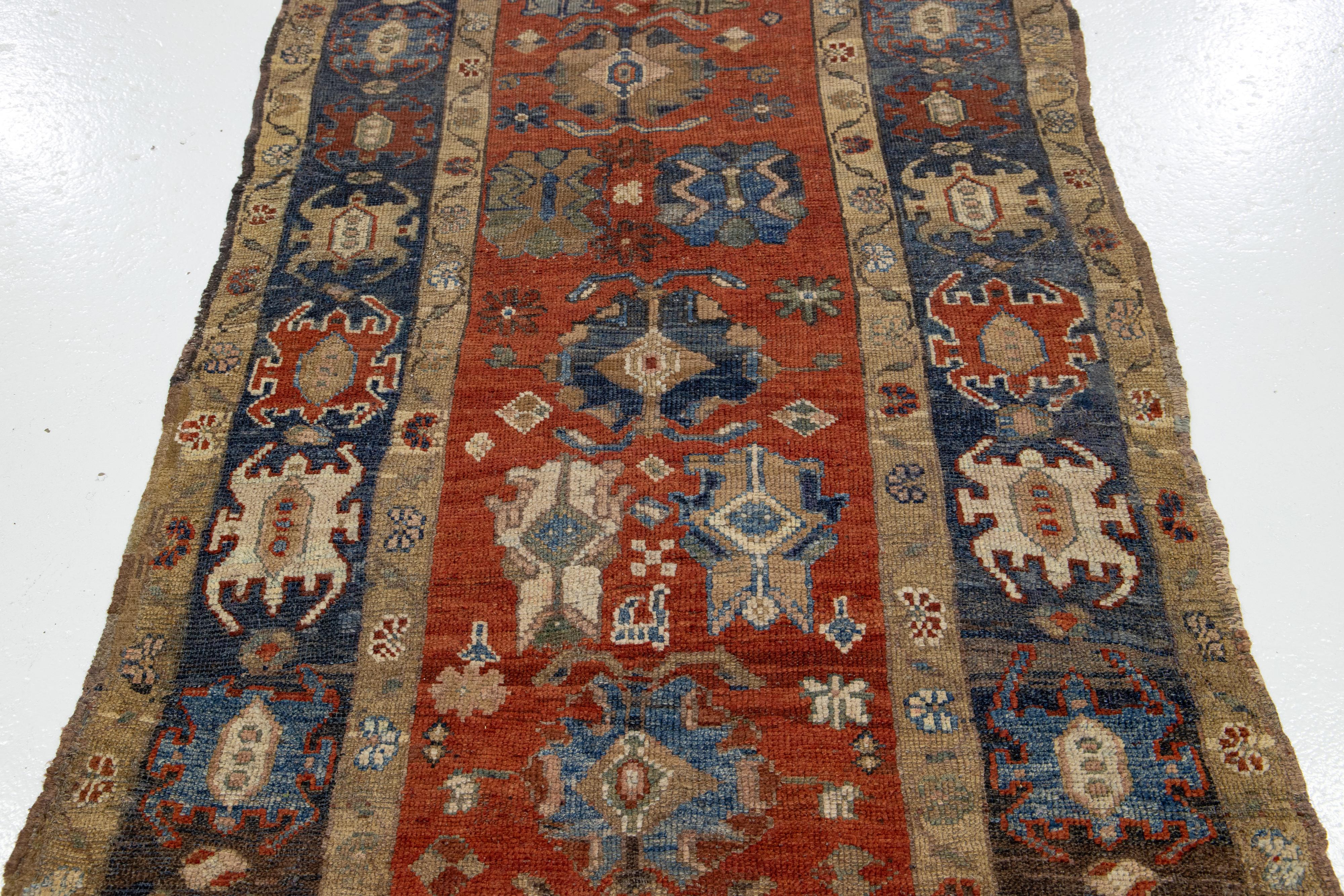Vintage Handmade Heriz Rust Wool Runner with Floral Motif For Sale 7