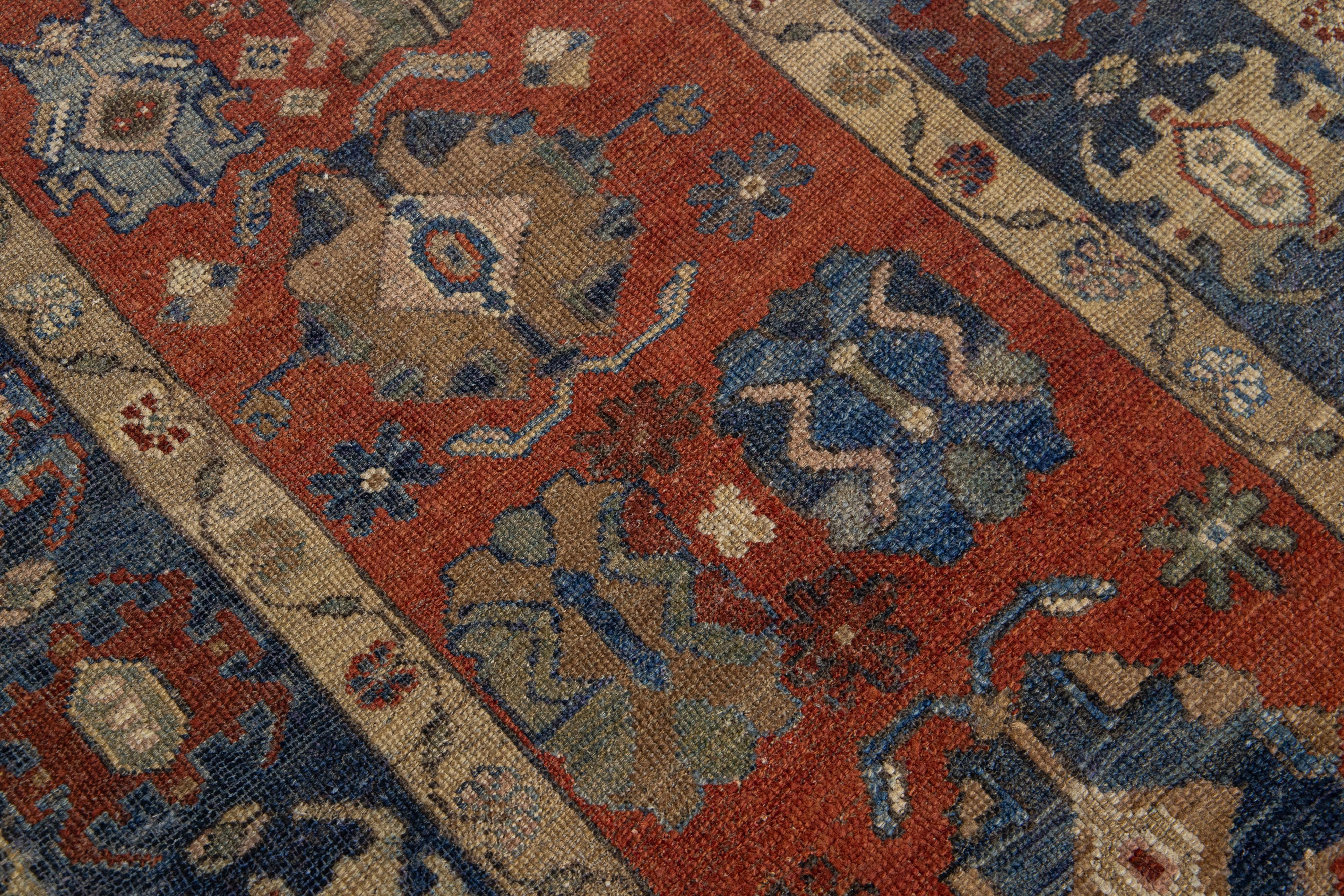 Vintage Handmade Heriz Rust Wool Runner with Floral Motif For Sale 8