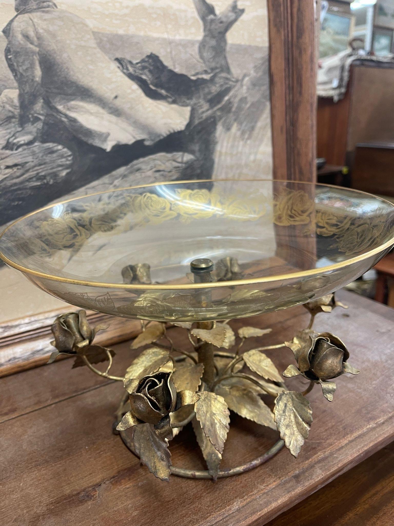Metal Vintage Handmade Italian Bowl With Gifted Rose Sculpture Base. For Sale