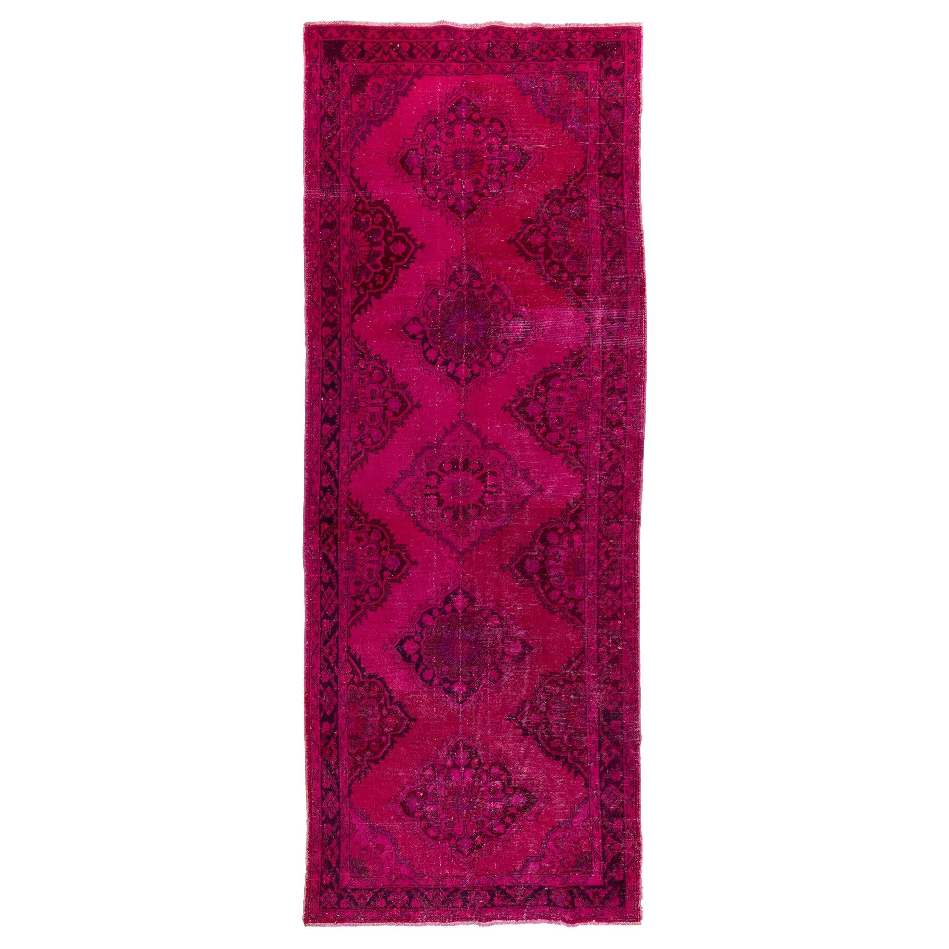 4.8x12.3 Ft Vintage Handmade Konya, Sille Runner Rug Over-Dyed in Fuchsia Pink