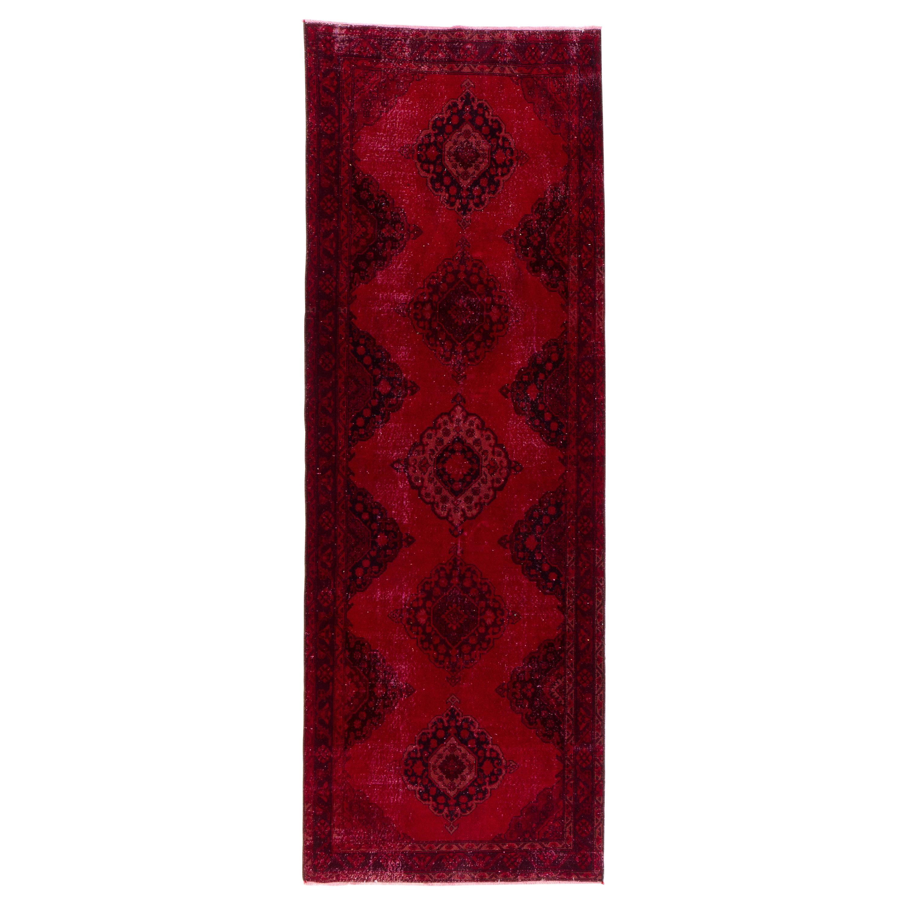 4.8x13 Ft Vintage Handmade Konya Sille Runner Rug Over-Dyed in Red for Hallway For Sale