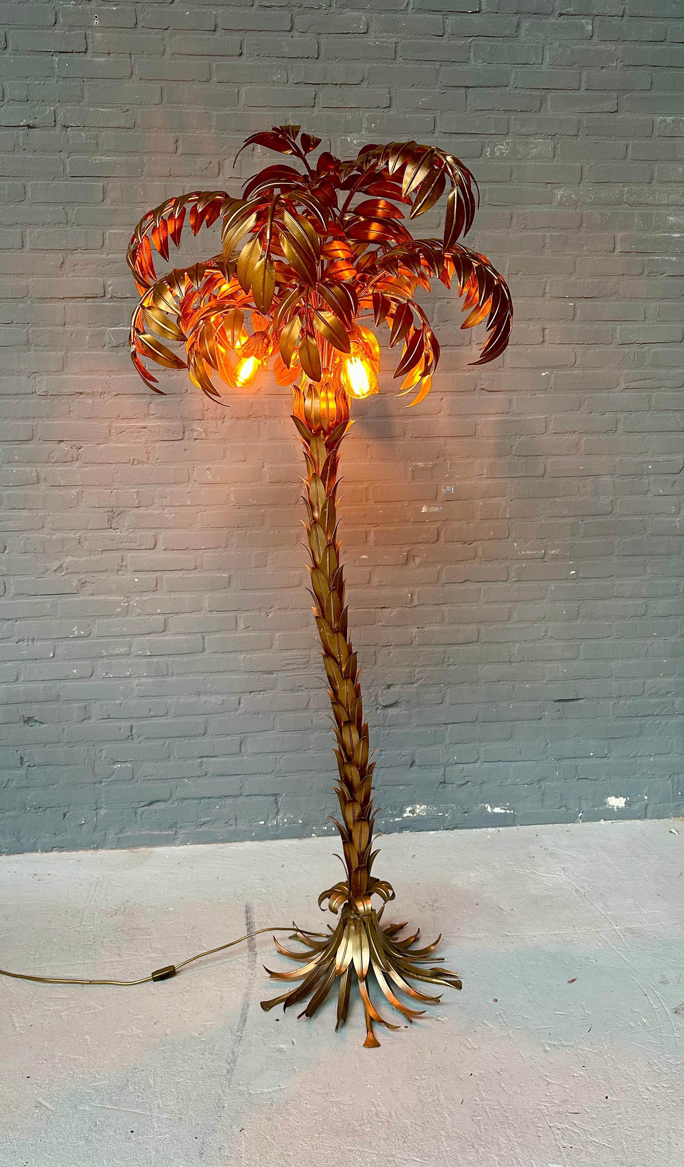 German Vintage Handmade Large Gilded Metal Palm Tree Floorlamp by Hans K�ögl, 1970s.