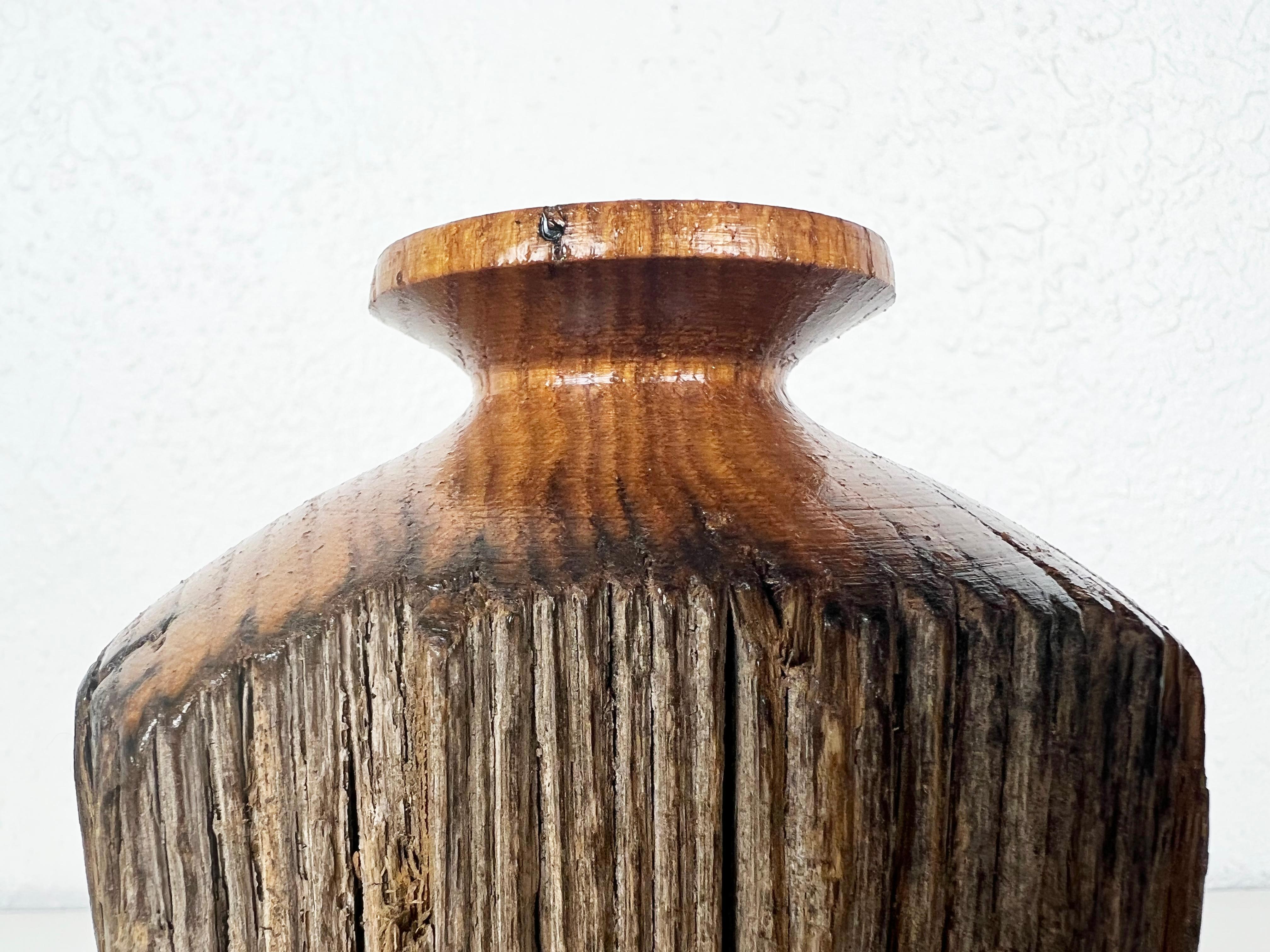 Vintage unique handmade wooden weedpot vase with raw live edge detail and a finished hand-turned top by and unknown maker.