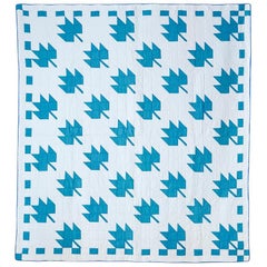 Vintage Handmade "Maple Leaf" Quilt in White and Blue, USA, 1930s