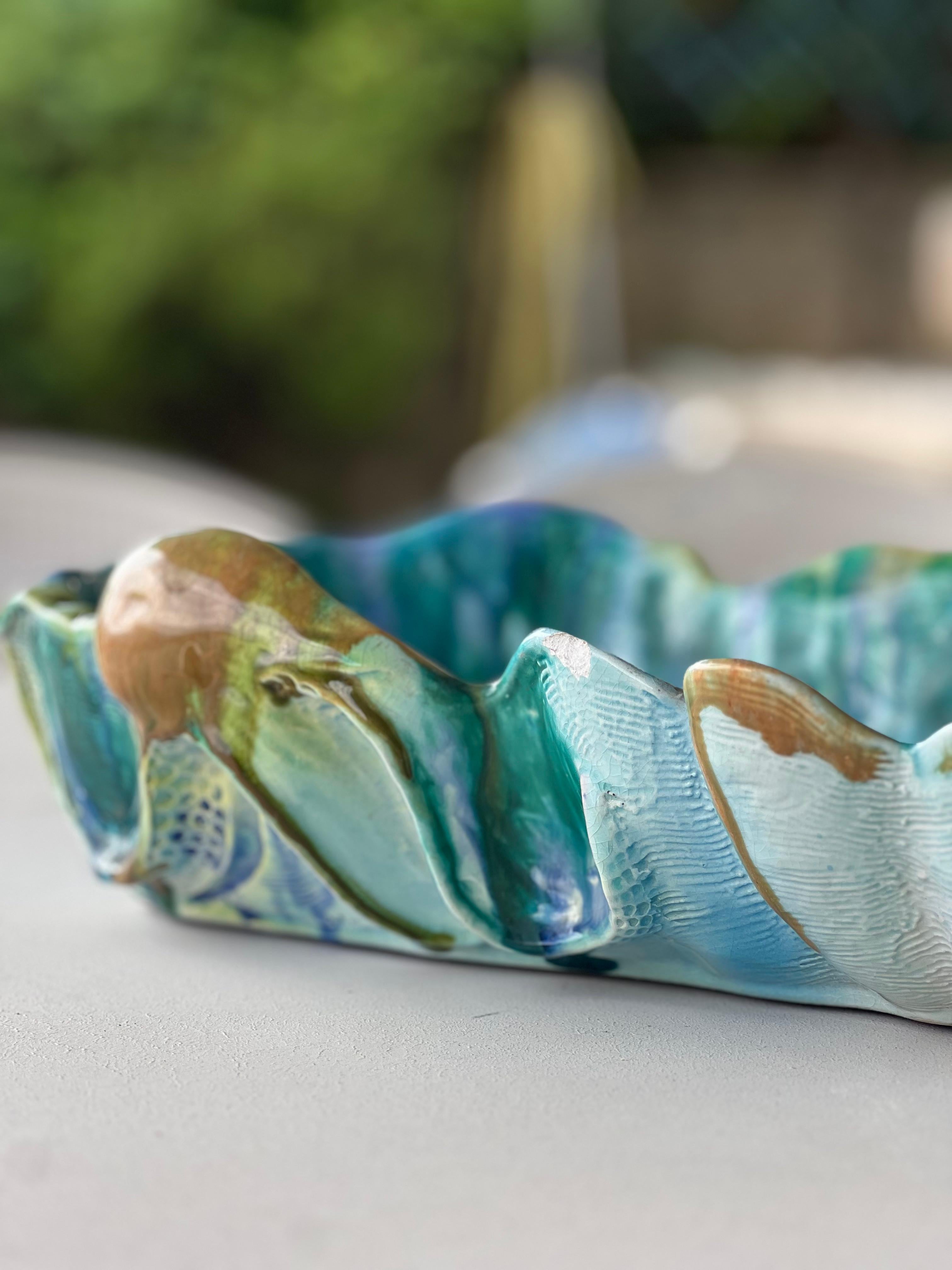 Bandeja de cerámica vintage con motivos marinos, verde, azul y amarilla, de colección, hecha a mano en venta 4