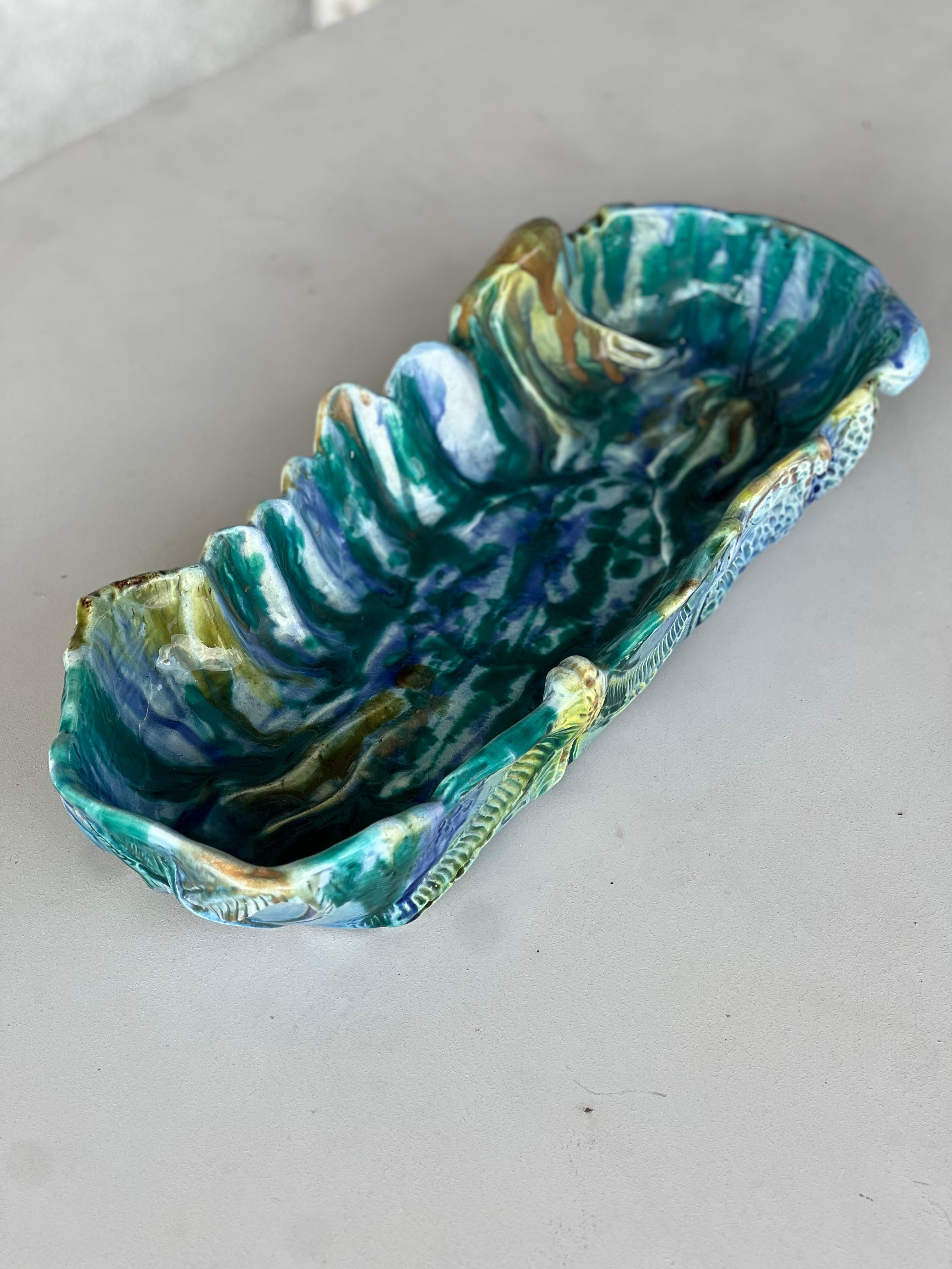 Bandeja de cerámica vintage con motivos marinos, verde, azul y amarilla, de colección, hecha a mano en venta 1