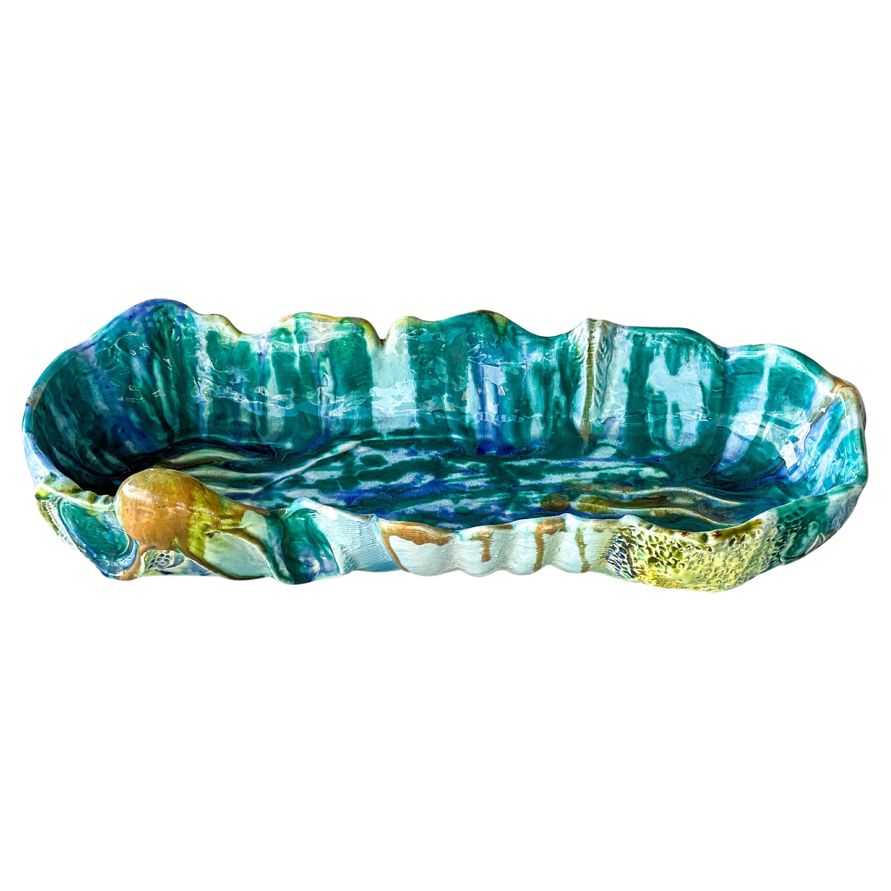 Bandeja de cerámica vintage con motivos marinos, verde, azul y amarilla, de colección, hecha a mano en venta