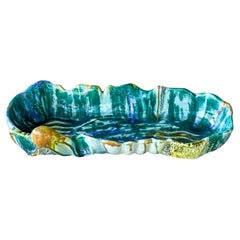 Vintage Handmade Marine-Themed Ceramic Tray, Green, Blue and Yellow, Collectible