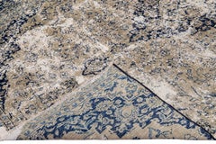 Vintage Handmade Medallion Motif Tan and Blue Distressed Wool Rug