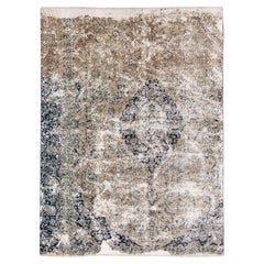 Vintage Handmade Medallion Motif Tan and Blue Distressed Wool Rug
