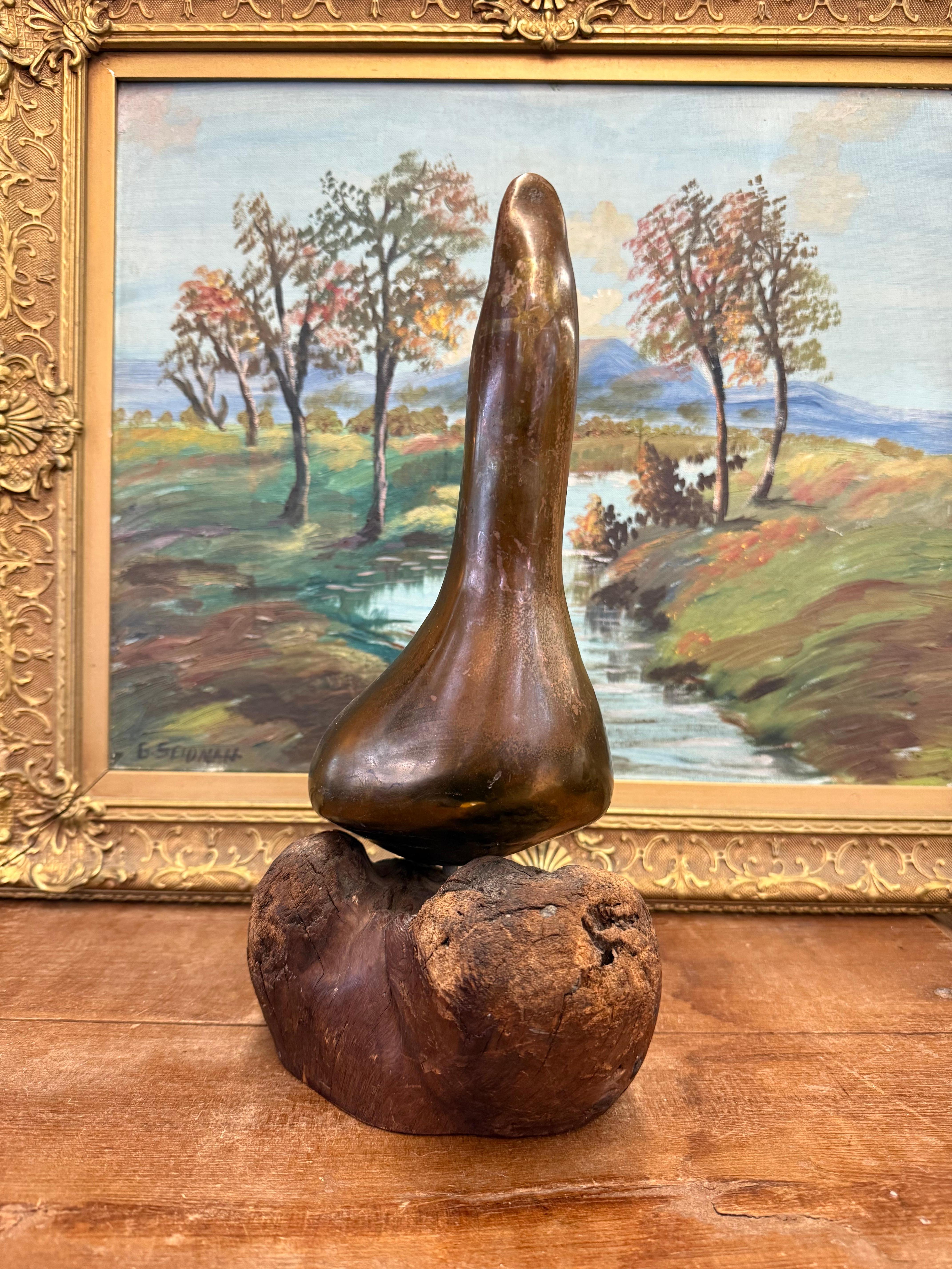 Peut-être une sculpture abstraite en bronze ou en laiton montée sur un morceau de ce qui ressemble à du bois flotté naturel ou à du bois vieilli. La sculpture a une forme lisse et organique ressemblant à un animal stylisé ou à une forme fluide et