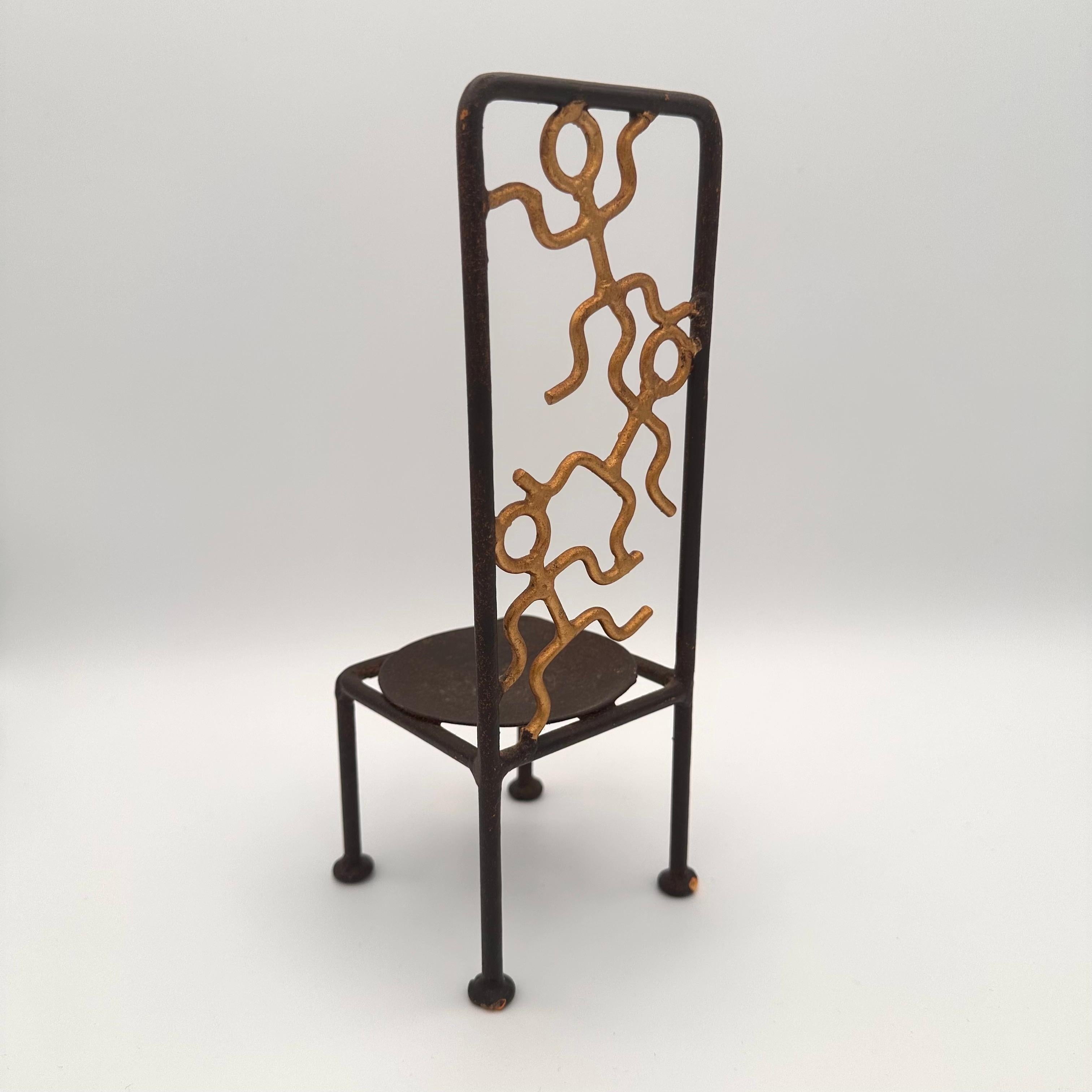 Vintage Handmade Miniature Metal Chair with Stick Figure Person Motif For Sale 5