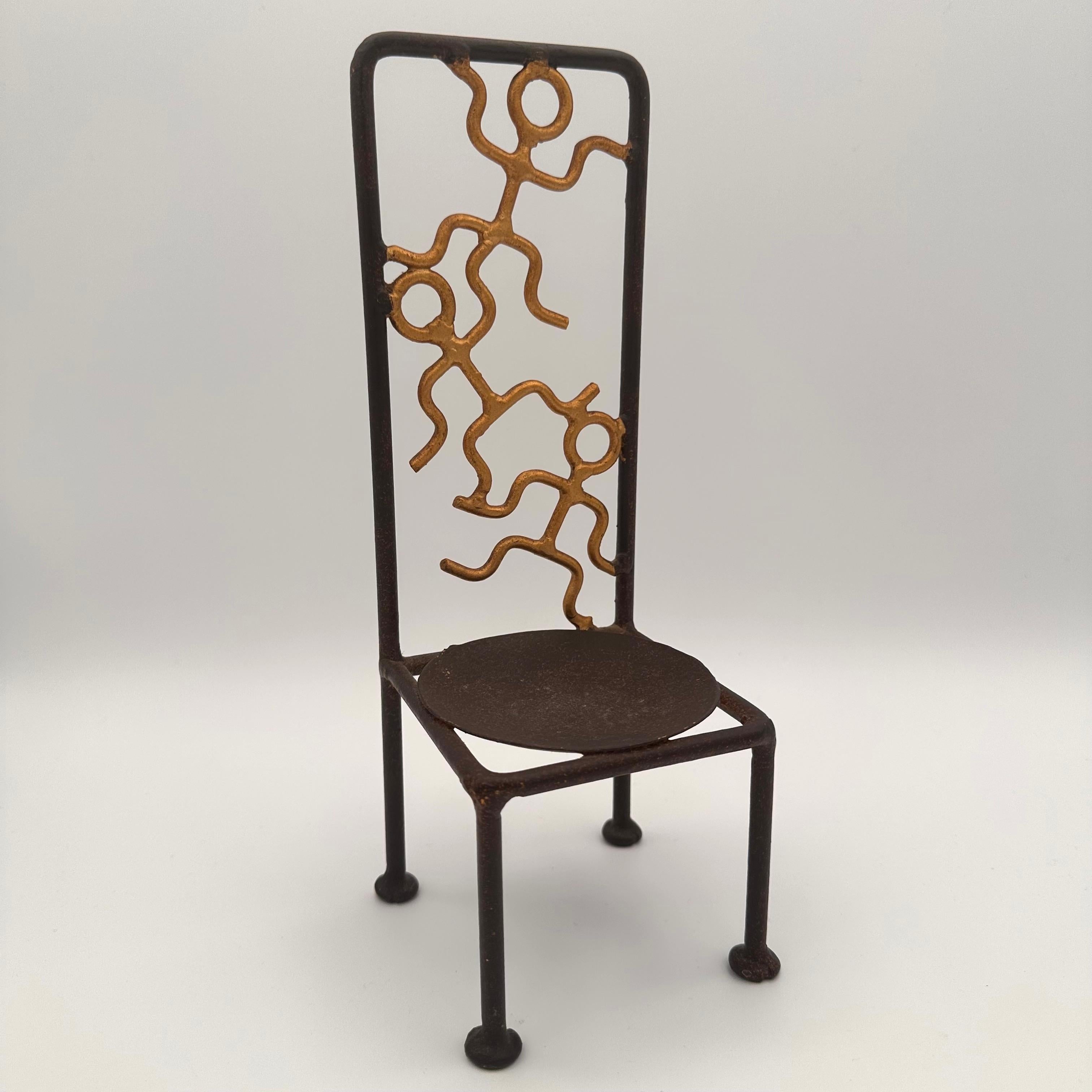 Post-Modern Vintage Handmade Miniature Metal Chair with Stick Figure Person Motif For Sale