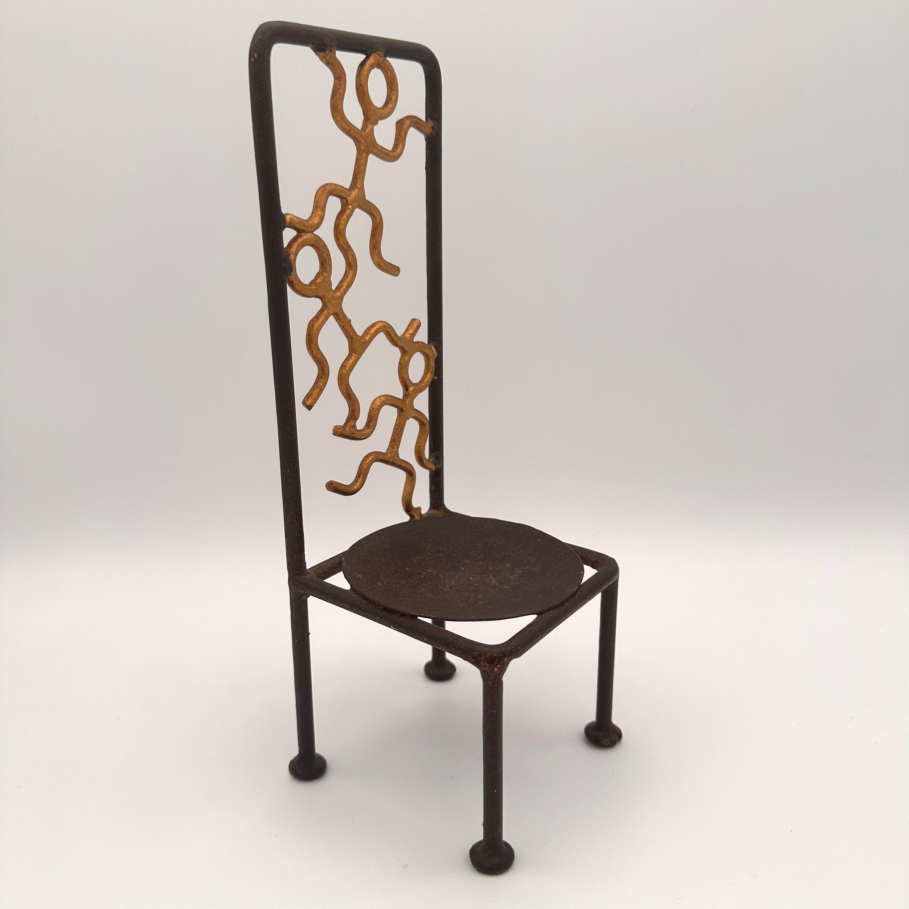 Vintage Handmade Miniature Metal Chair with Stick Figure Person Motif In Good Condition For Sale In Amityville, NY
