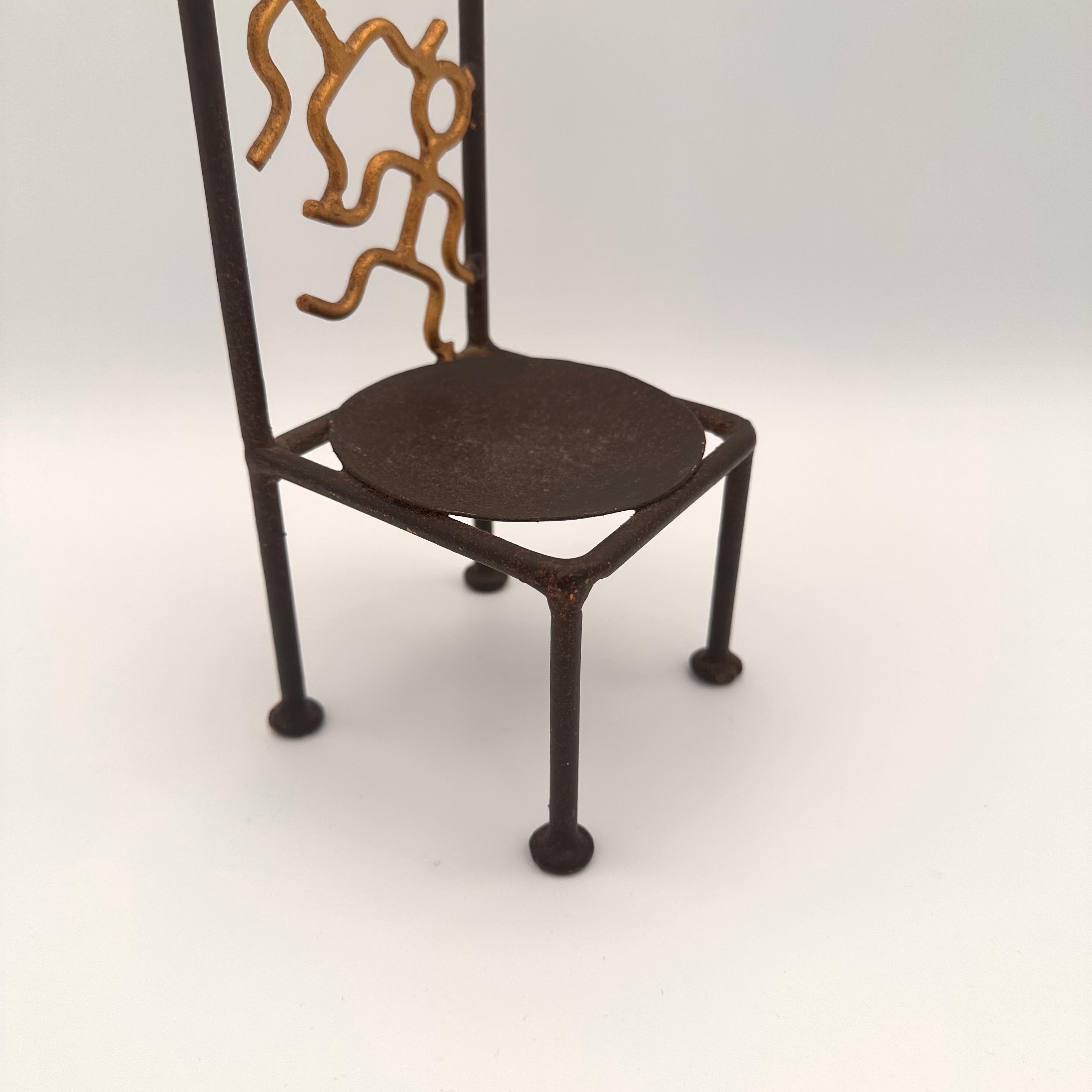 20th Century Vintage Handmade Miniature Metal Chair with Stick Figure Person Motif For Sale