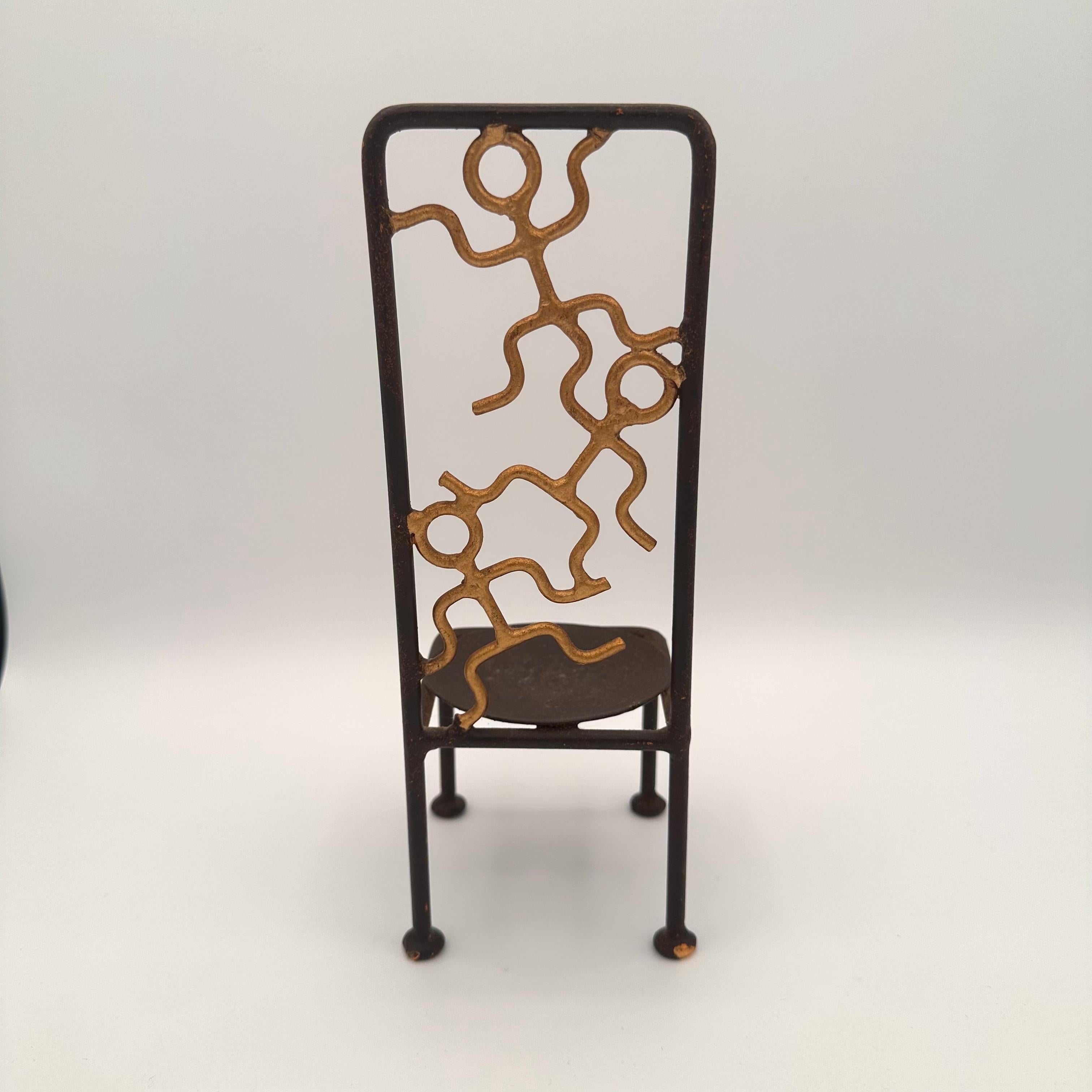 Vintage Handmade Miniature Metal Chair with Stick Figure Person Motif For Sale 4
