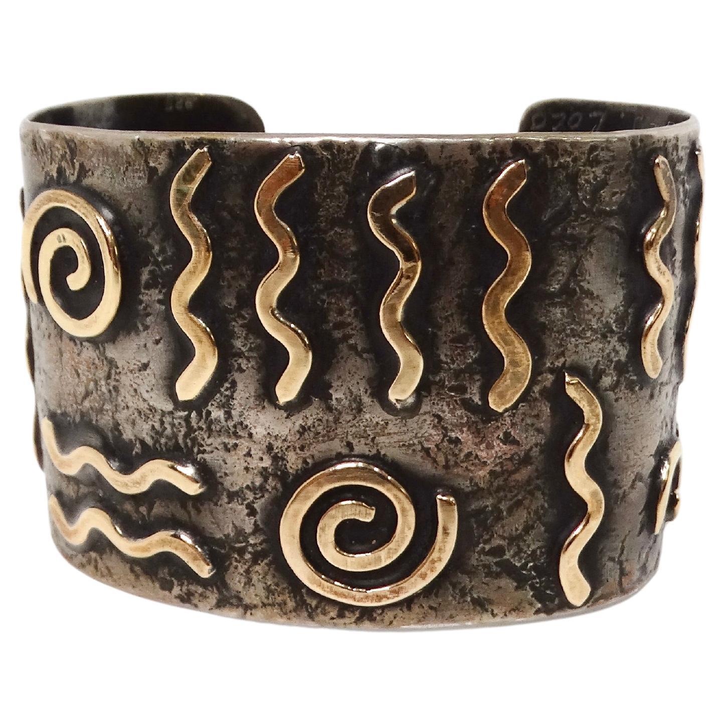 Vintage Handmade Modernist Two-Tone 18k & 14k Gold Sterling Silver Cuff For Sale