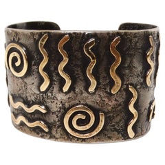 Vintage Handmade Modernist Two-Tone 18k & 14k Gold Sterling Silver Cuff