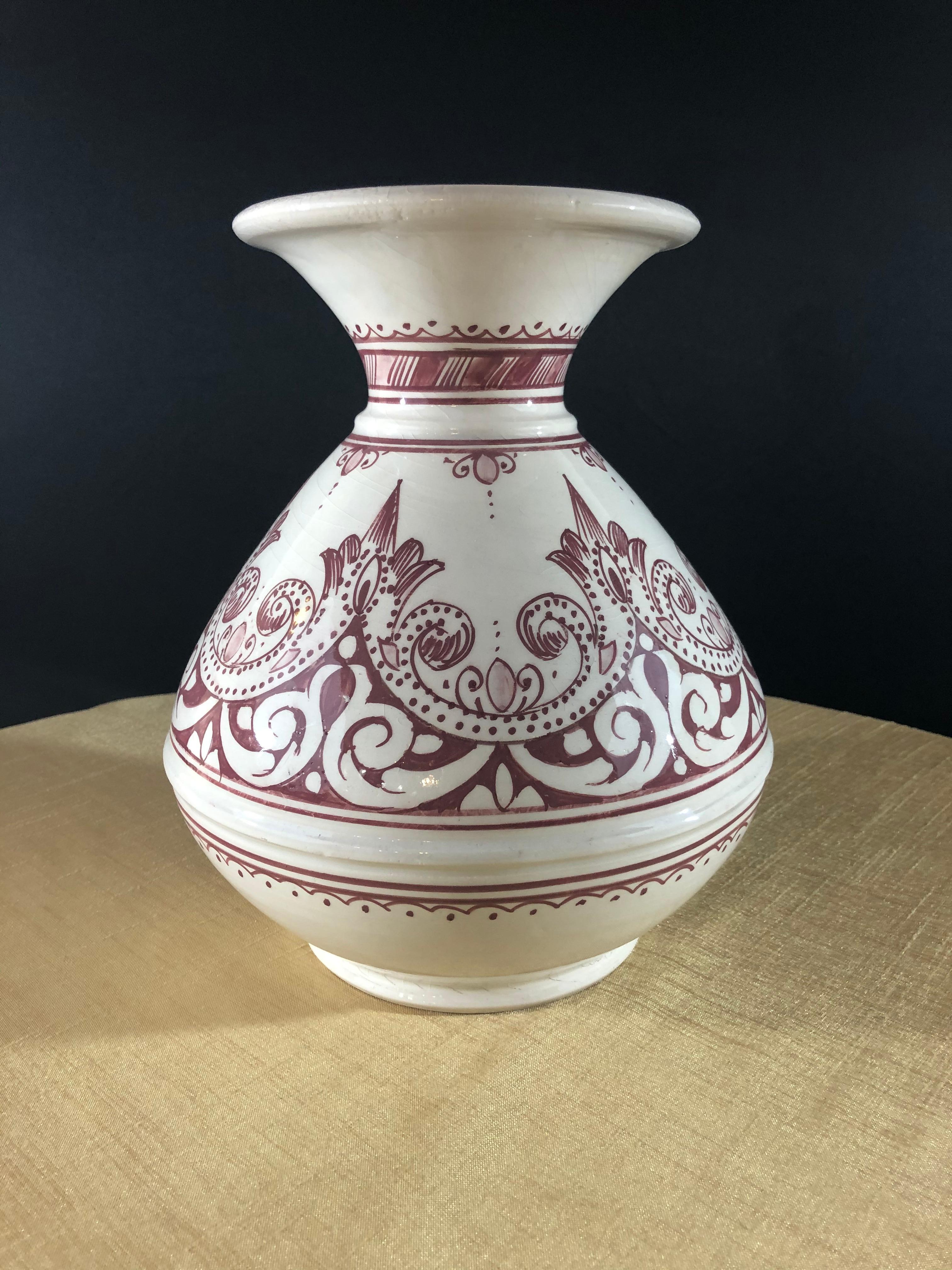 Moorish Vintage Handmade Moroccan Burgundy and White Ceramic Vase