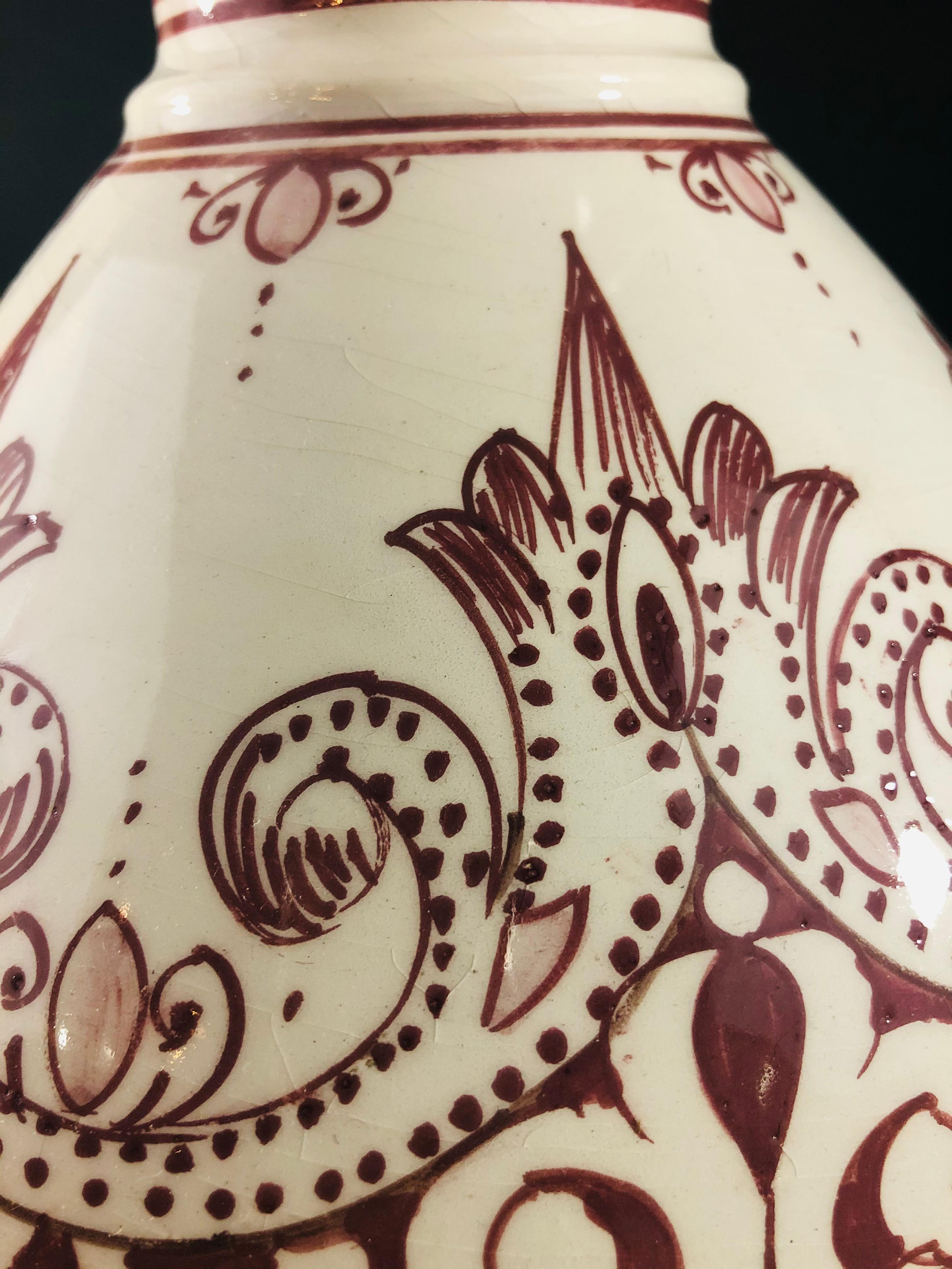 Vintage Handmade Moroccan Burgundy and White Ceramic Vase 1