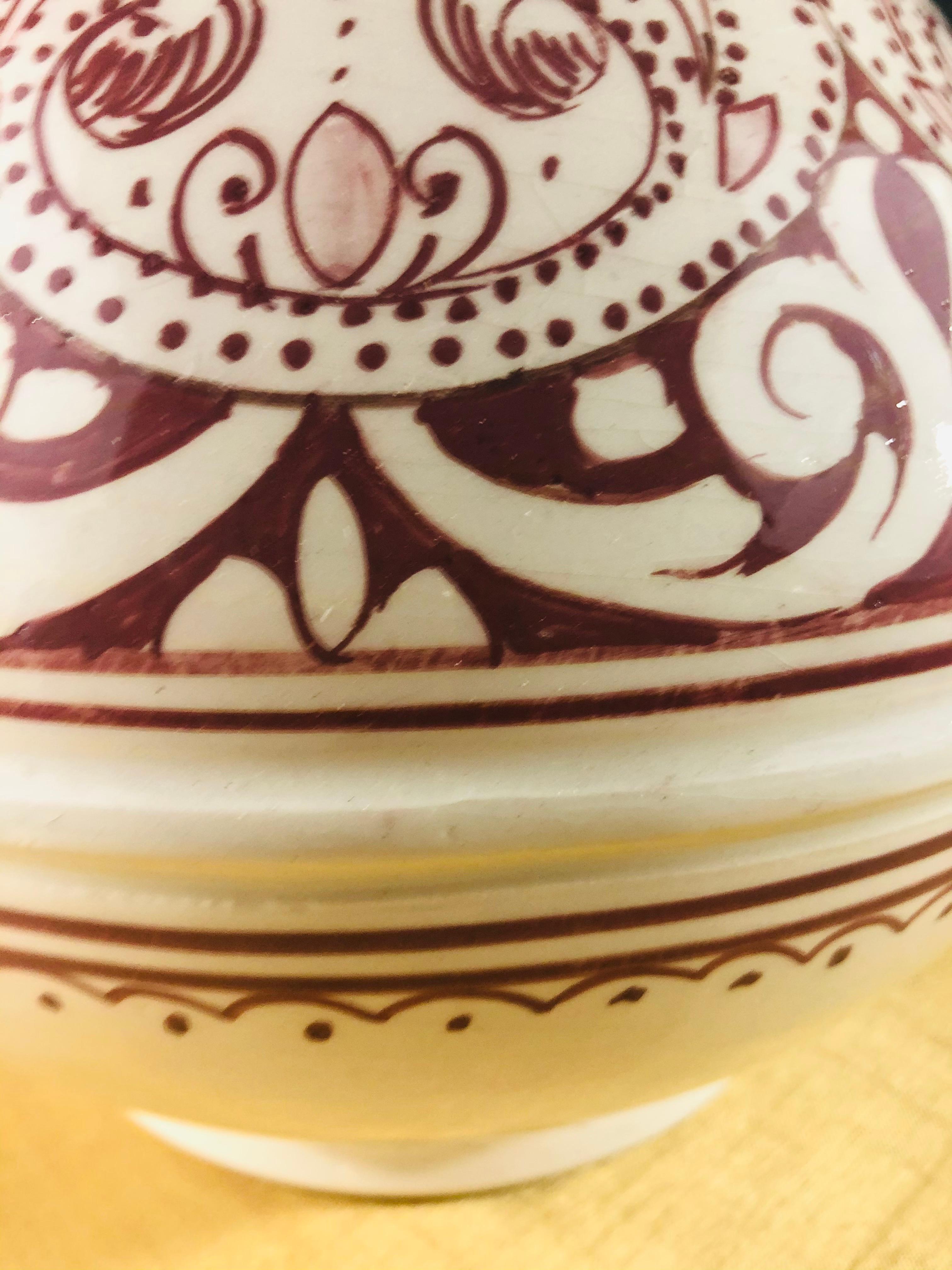 Vintage Handmade Moroccan Burgundy and White Ceramic Vase 2
