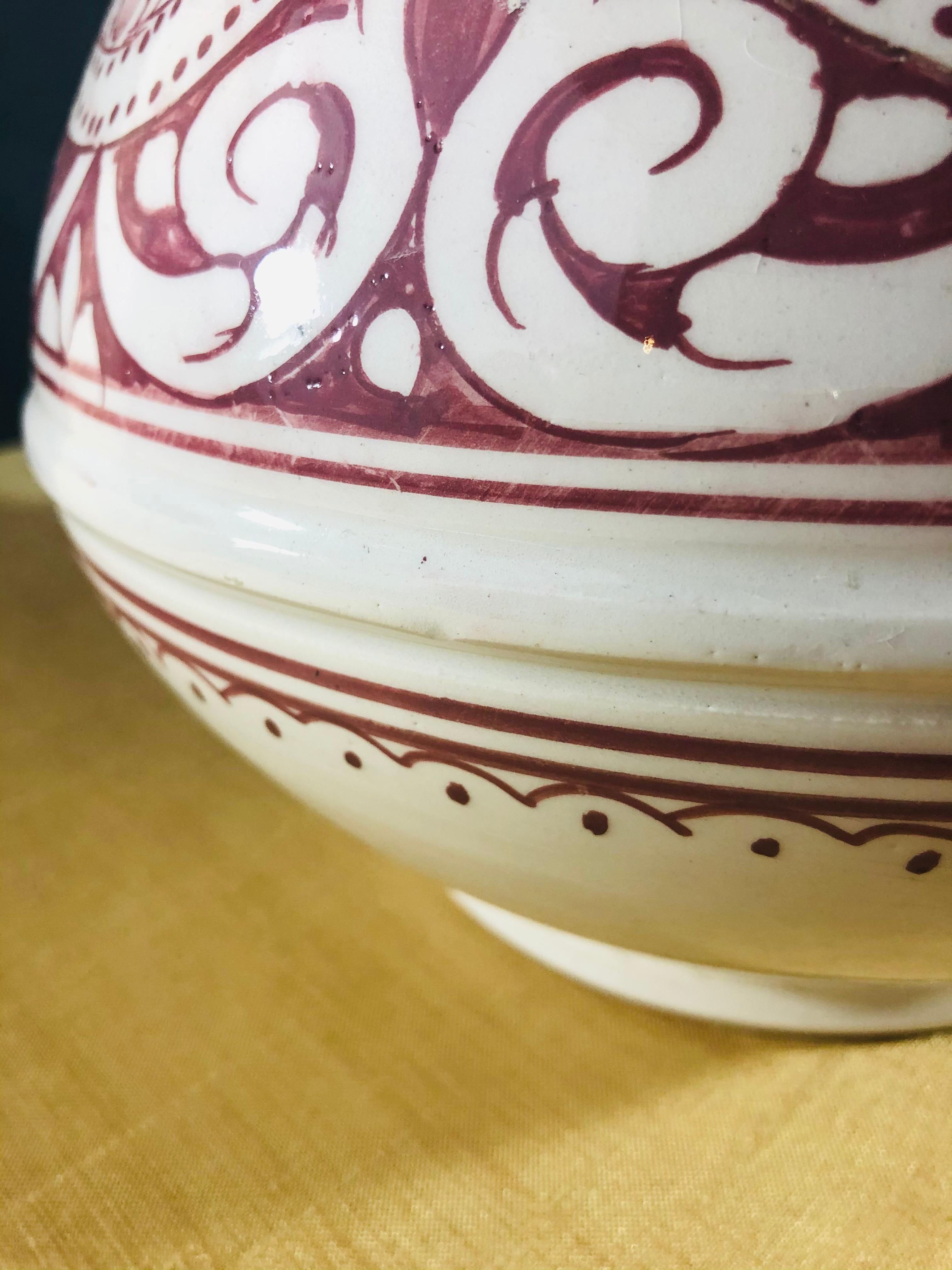 Vintage Handmade Moroccan Burgundy and White Ceramic Vase 3