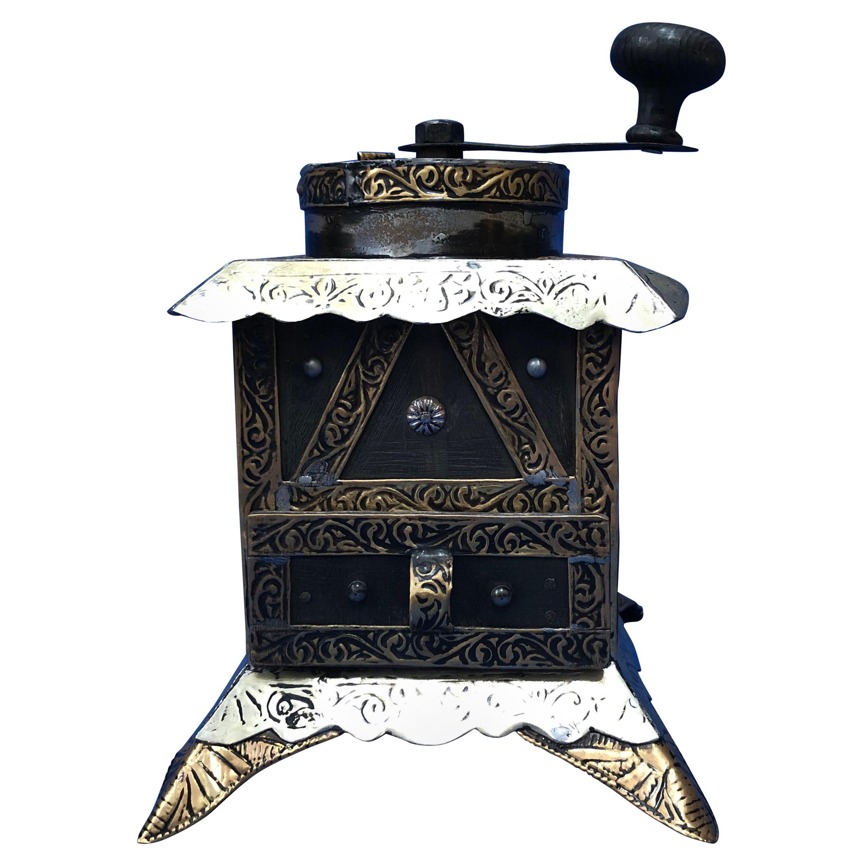 Vintage Handmade Moroccan Coffee Grinder - Silver & Brass Repousse, Ebony Wood For Sale